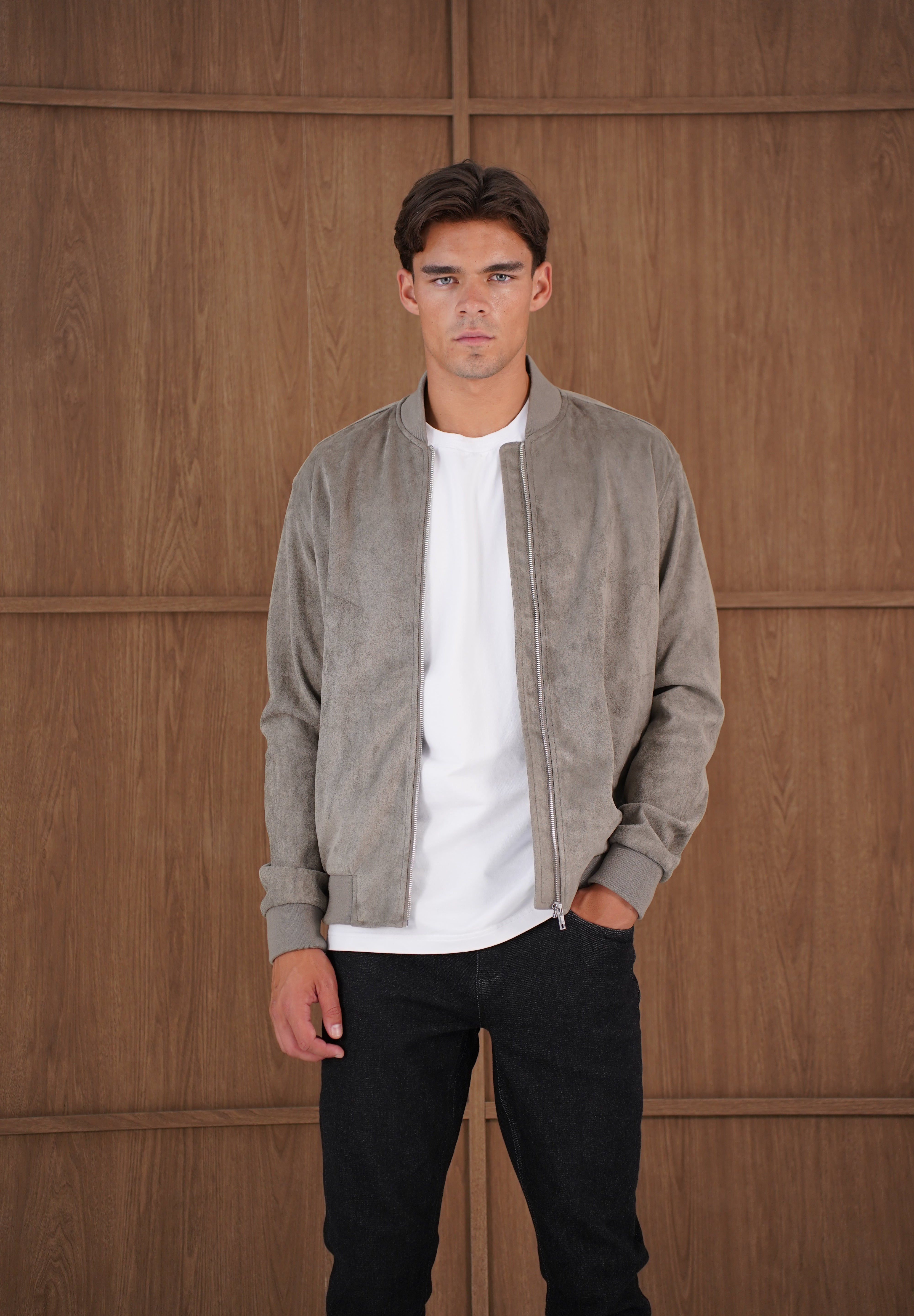 Capo Faux Suede Bomber Jacket - Olive