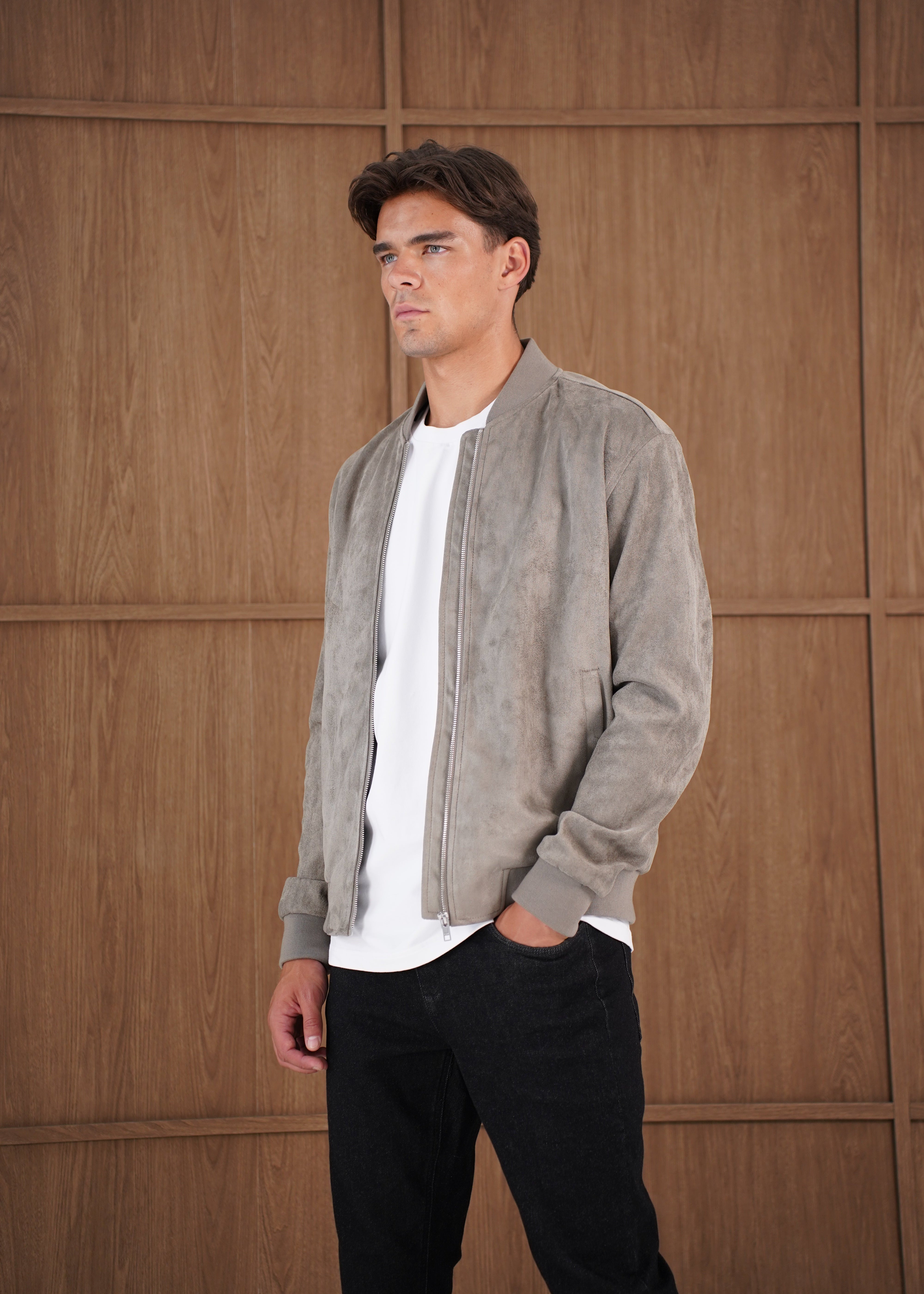 Capo Faux Suede Bomber Jacket - Olive