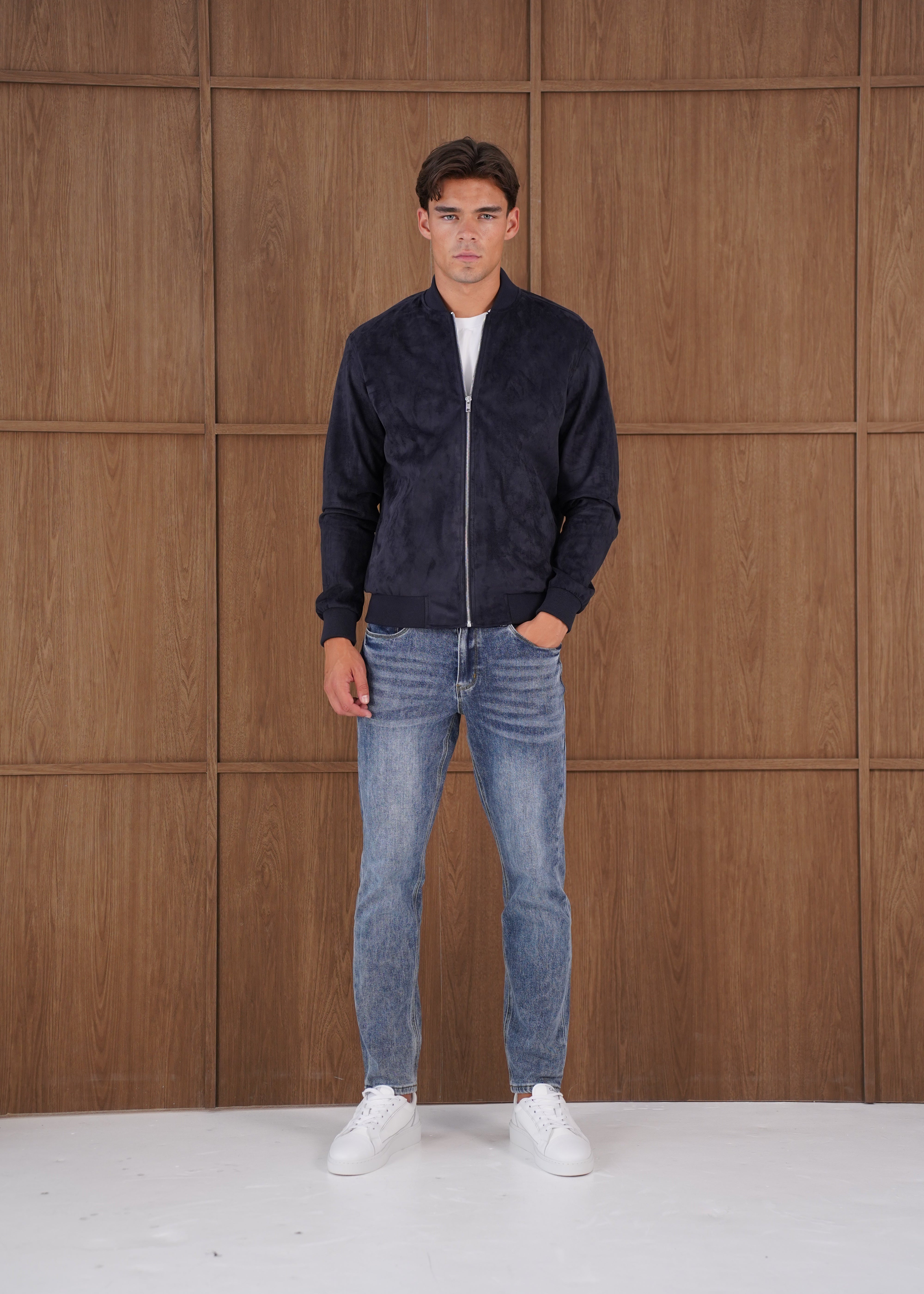 Capo Faux Suede Bomber Jacket - Navy