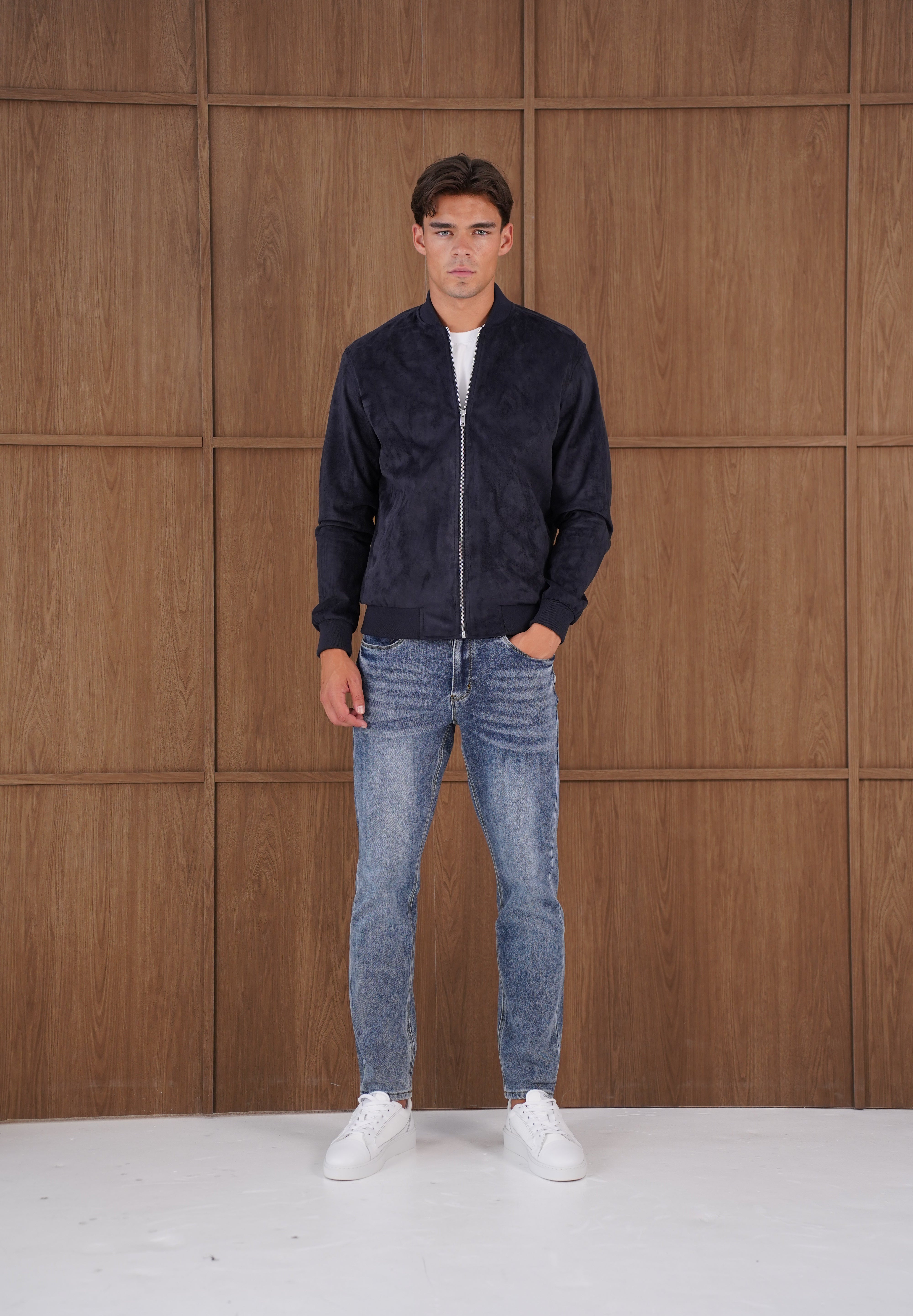Capo Faux Suede Bomber Jacket - Navy