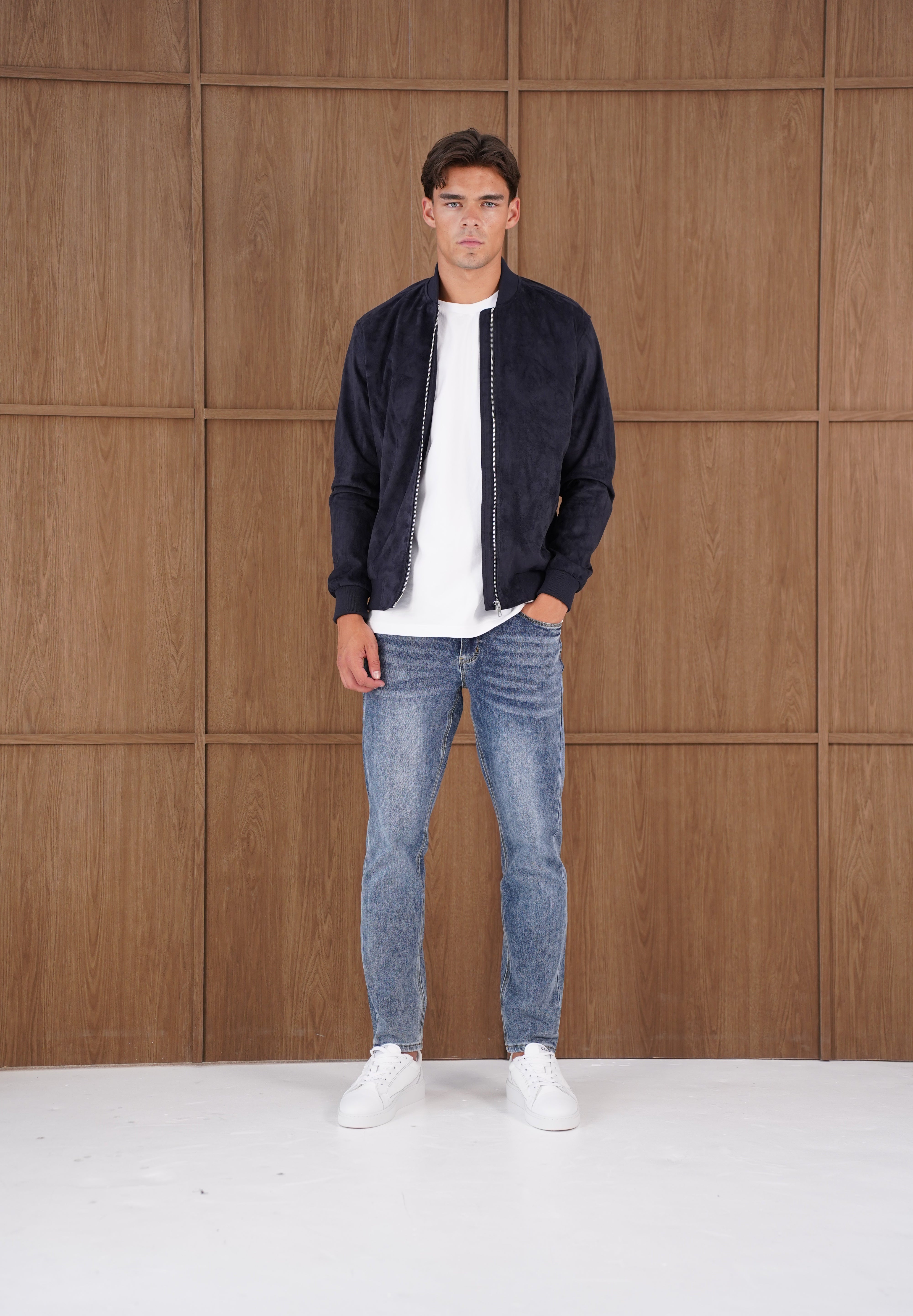 Capo Faux Suede Bomber Jacket - Navy