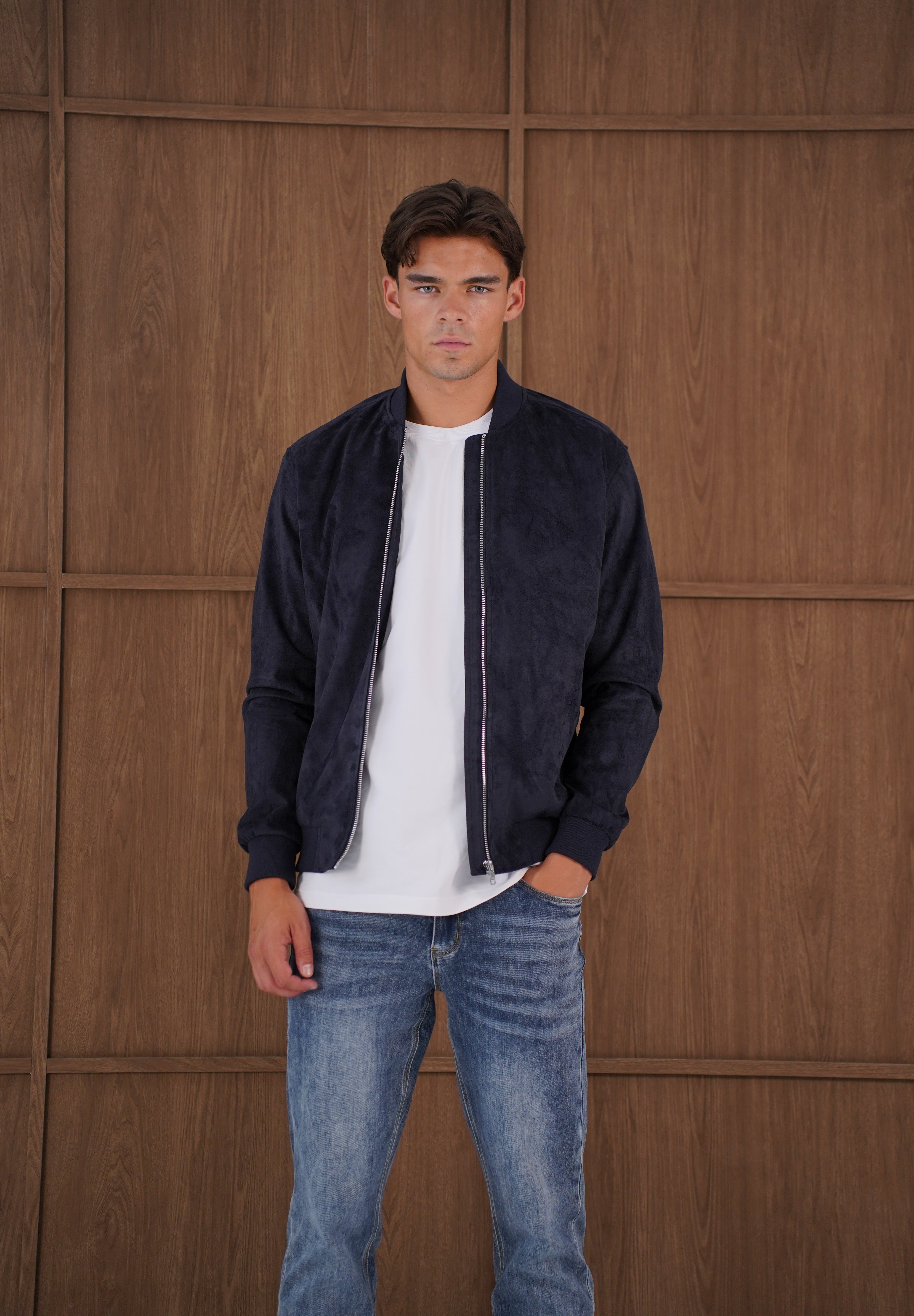 Capo Faux Suede Bomber Jacket - Navy