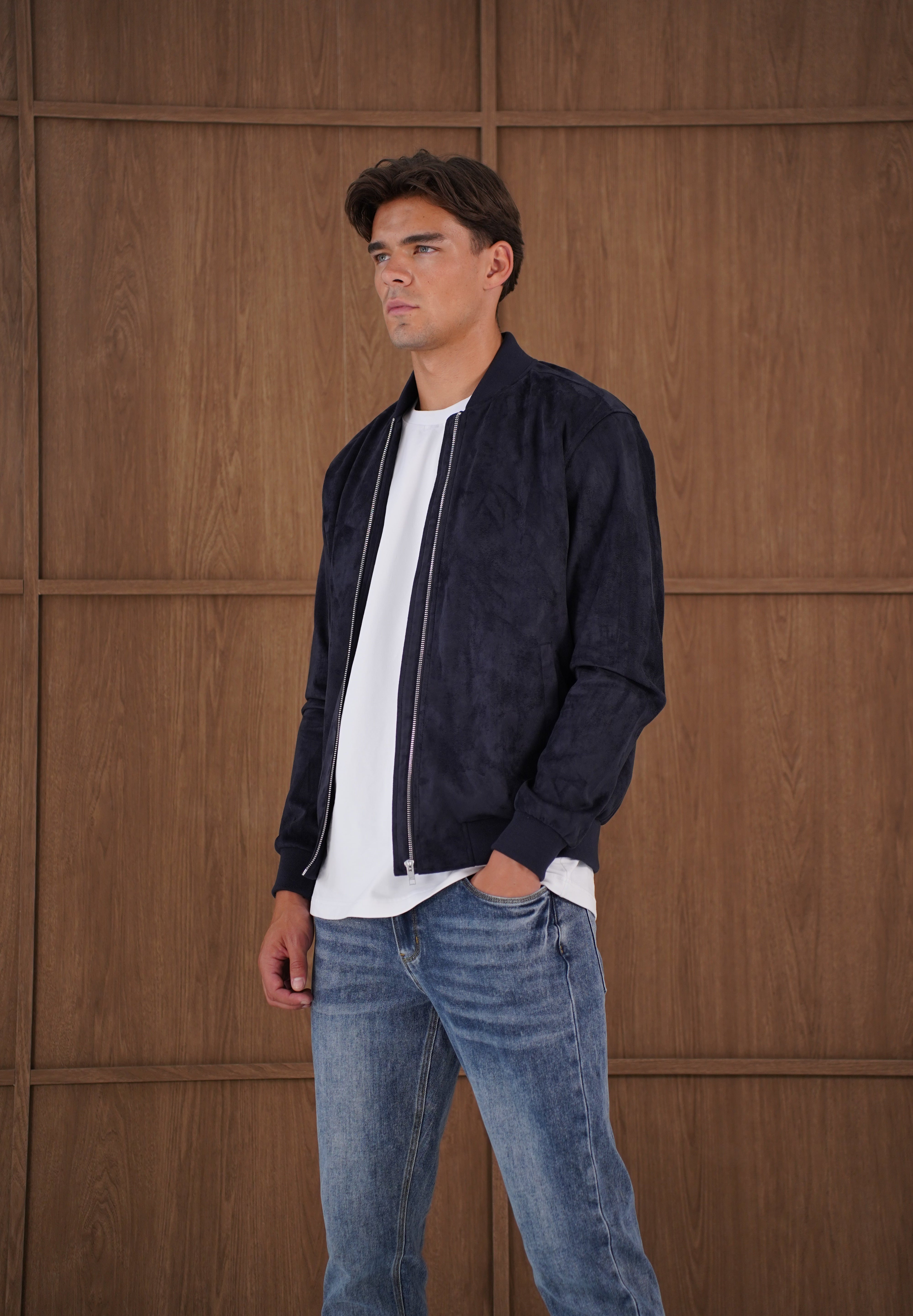 Capo Faux Suede Bomber Jacket - Navy