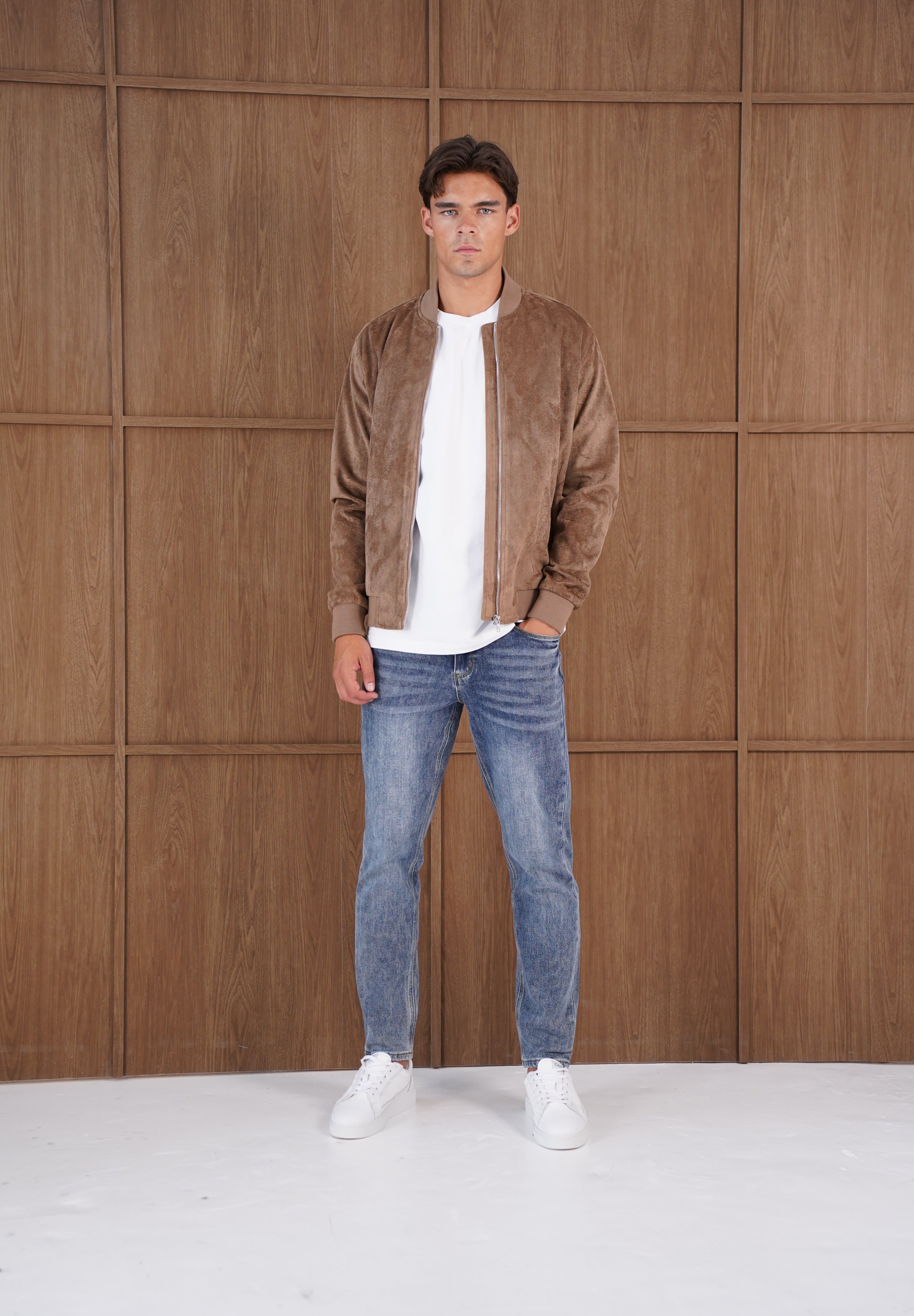 Capo Faux Suede Bomber Jacket - Brown