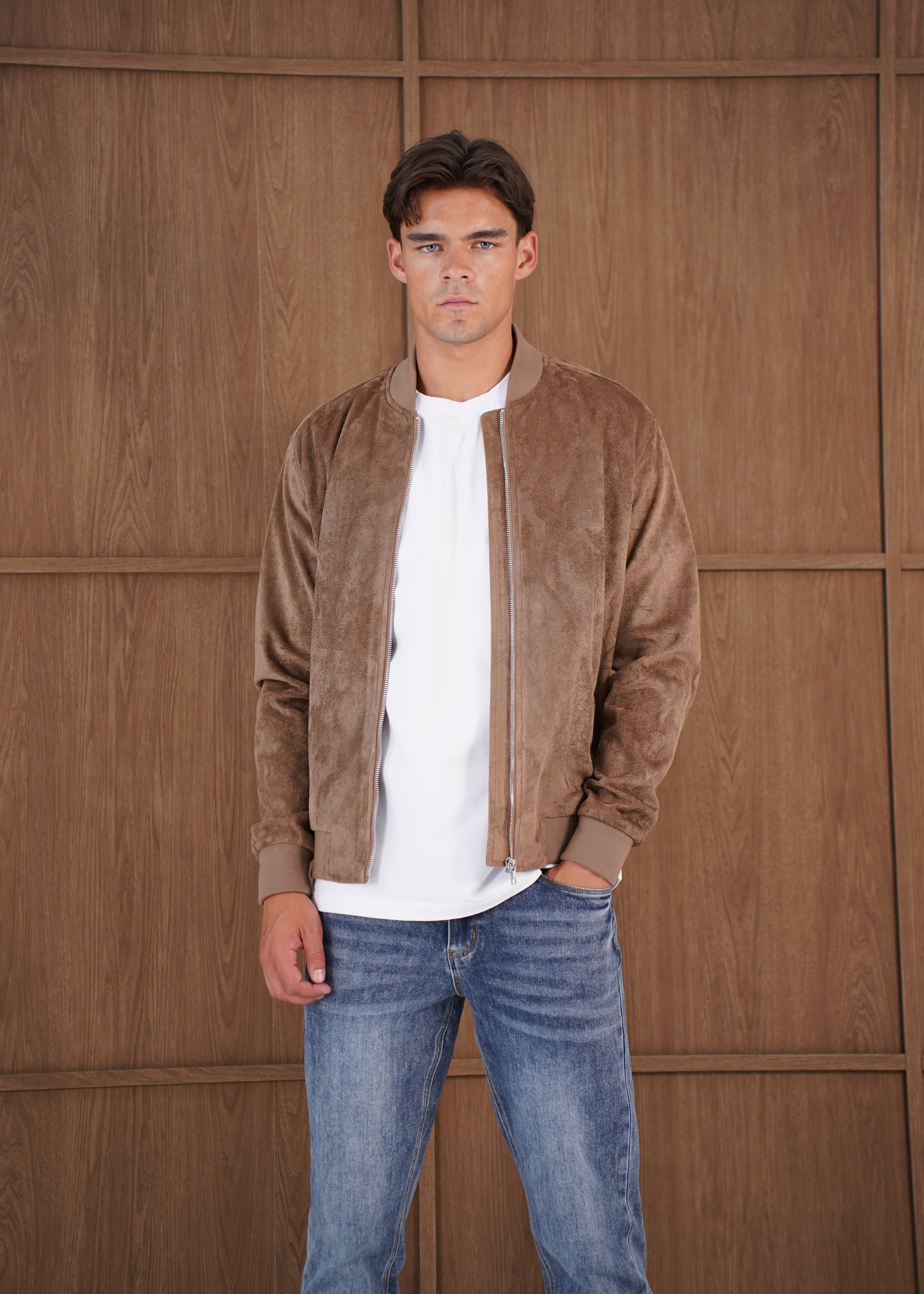 Capo Faux Suede Bomber Jacket - Brown