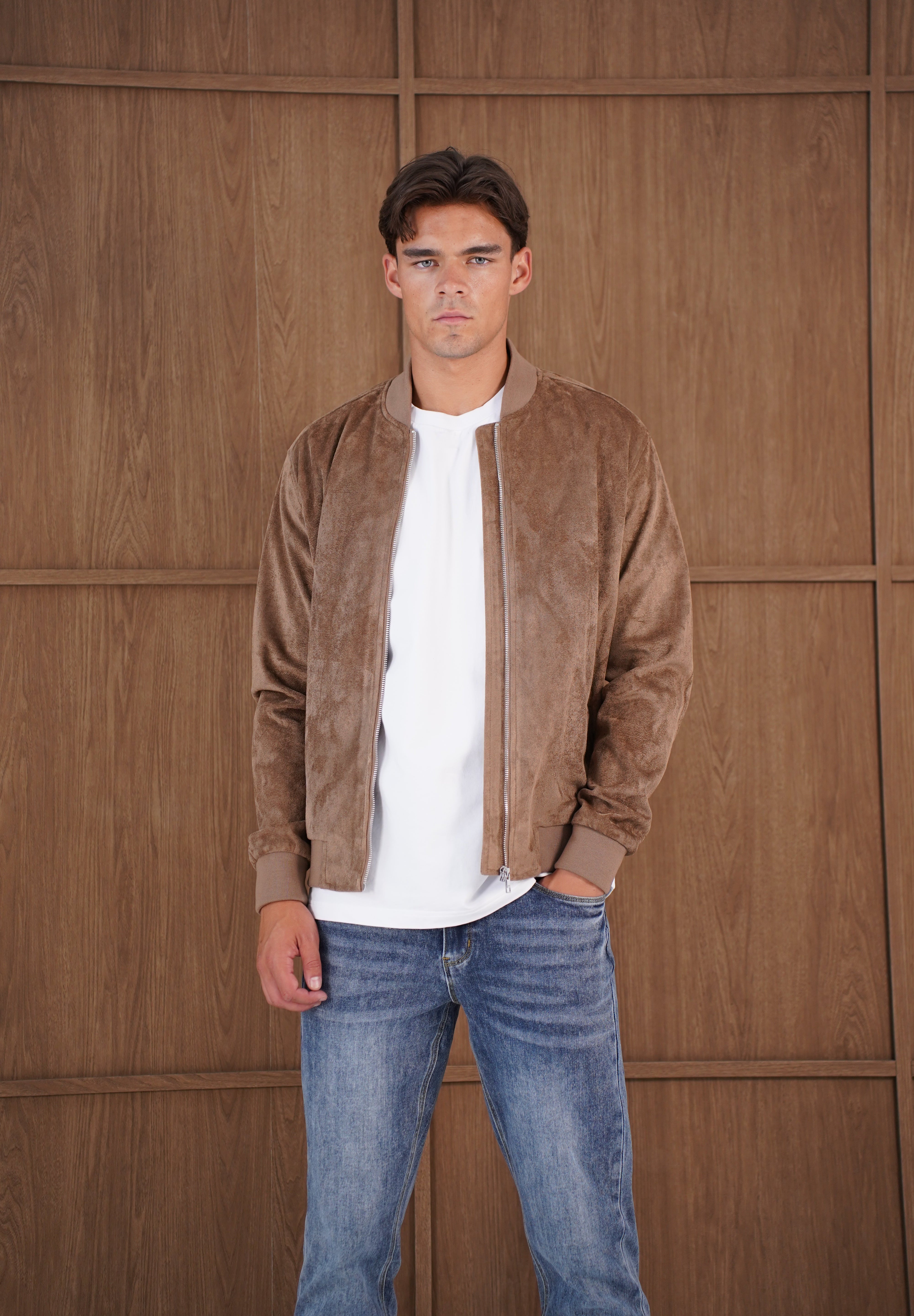 Capo Faux Suede Bomber Jacket - Brown