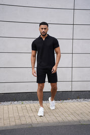 Capo Jersey Slub Cuban Polo Shirt - Black