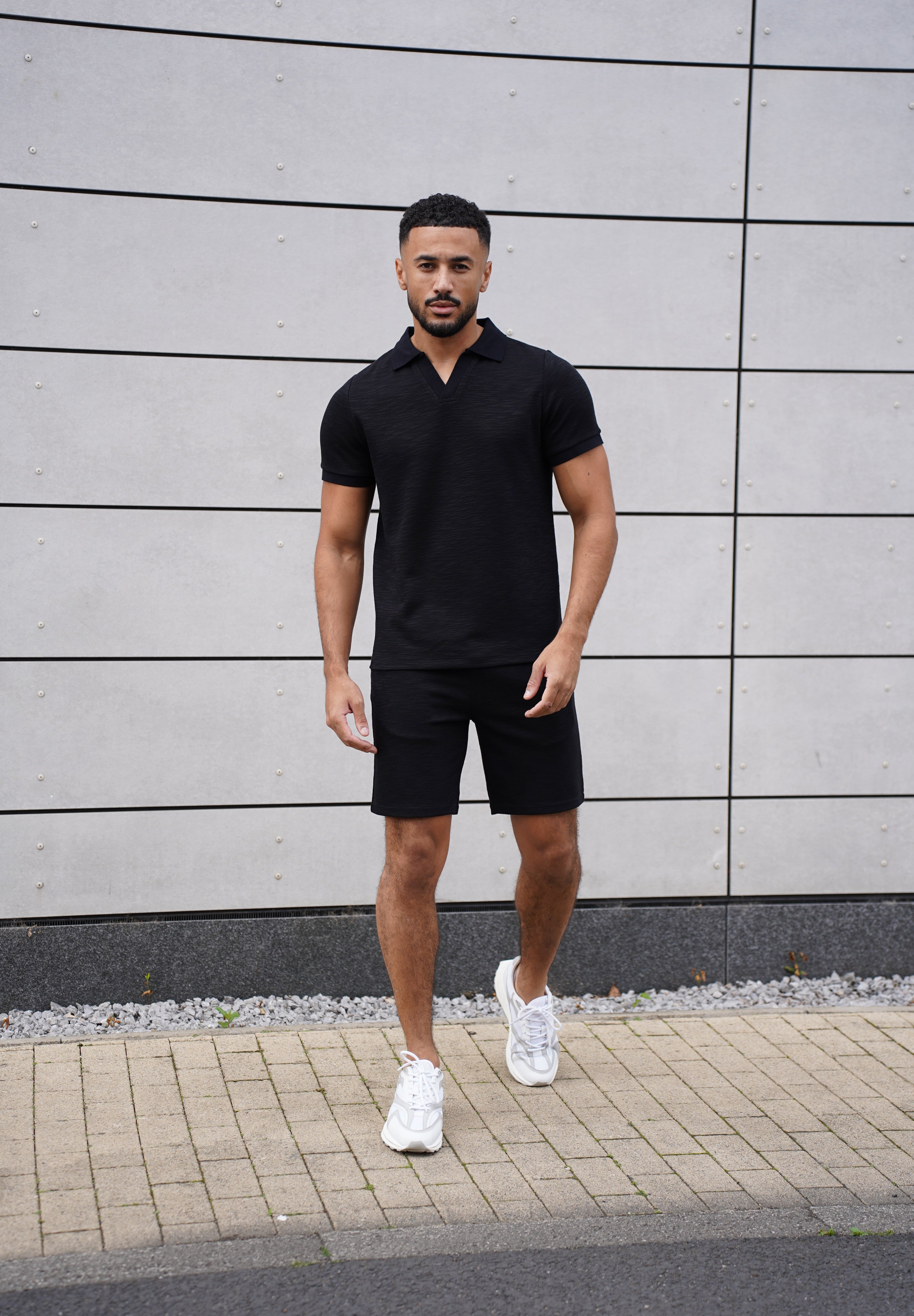 Capo Jersey Slub Cuban Polo Shirt - Black