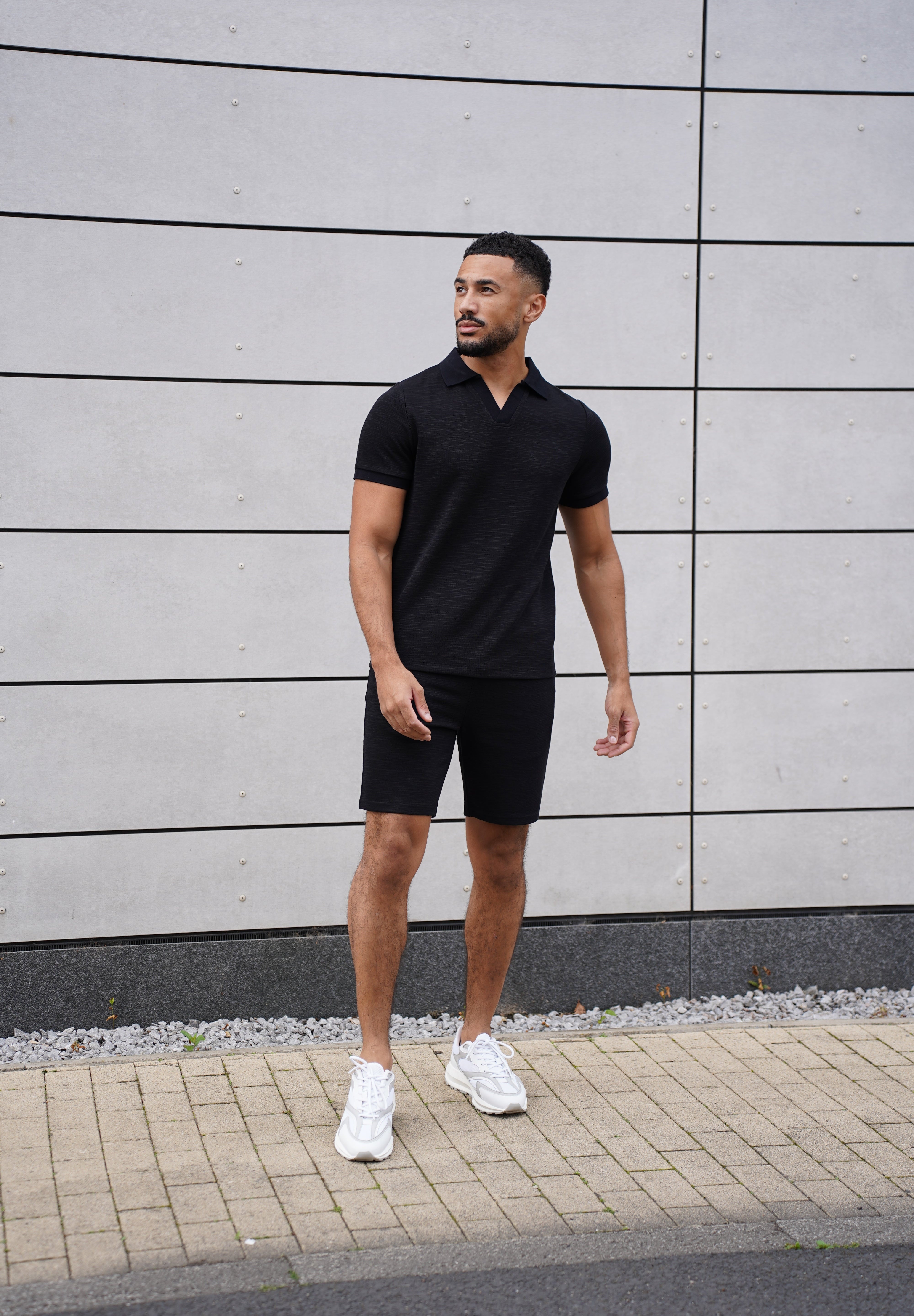 Capo Jersey Slub Cuban Polo Shirt - Black