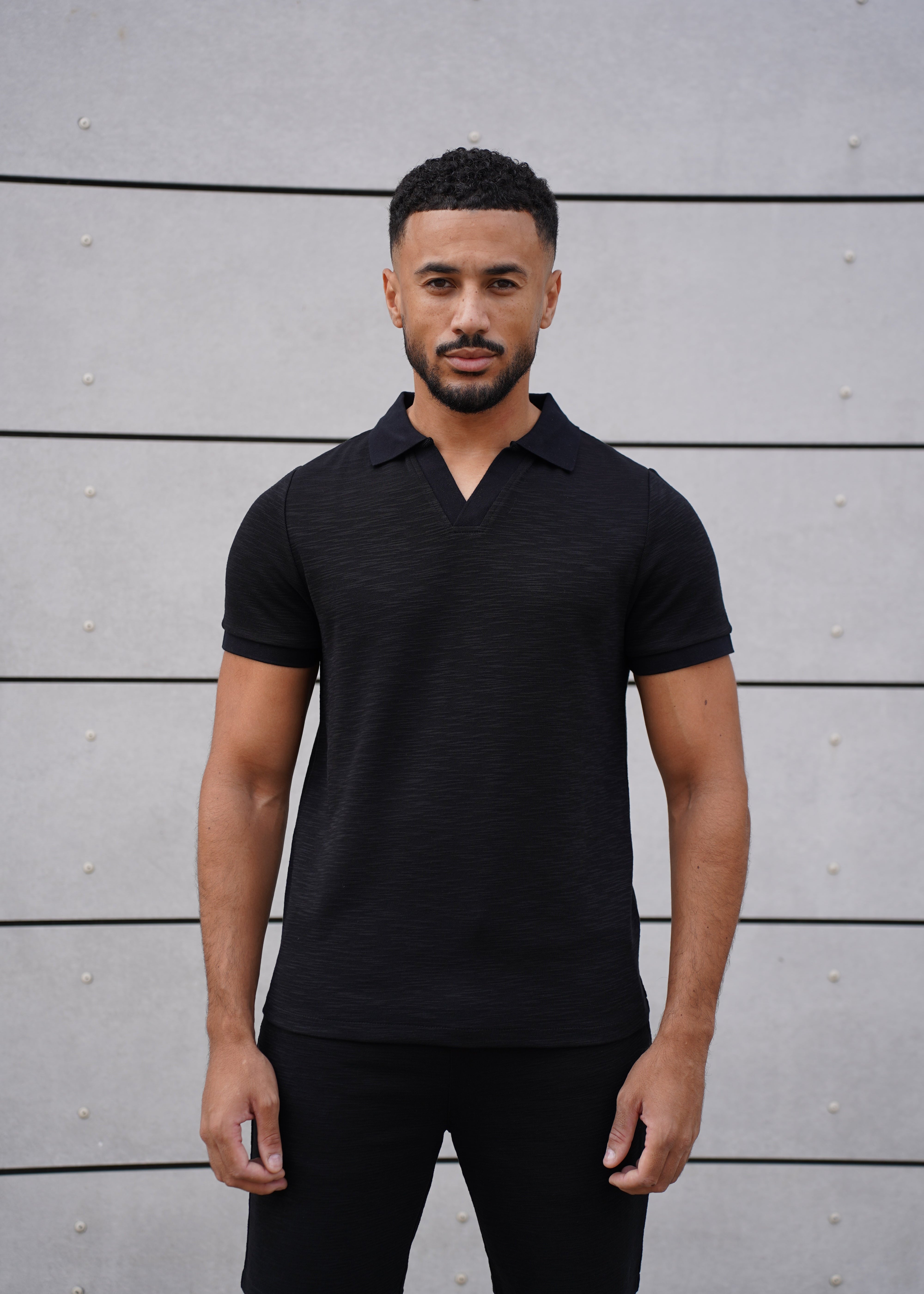 Capo Jersey Slub Cuban Polo Shirt - Black