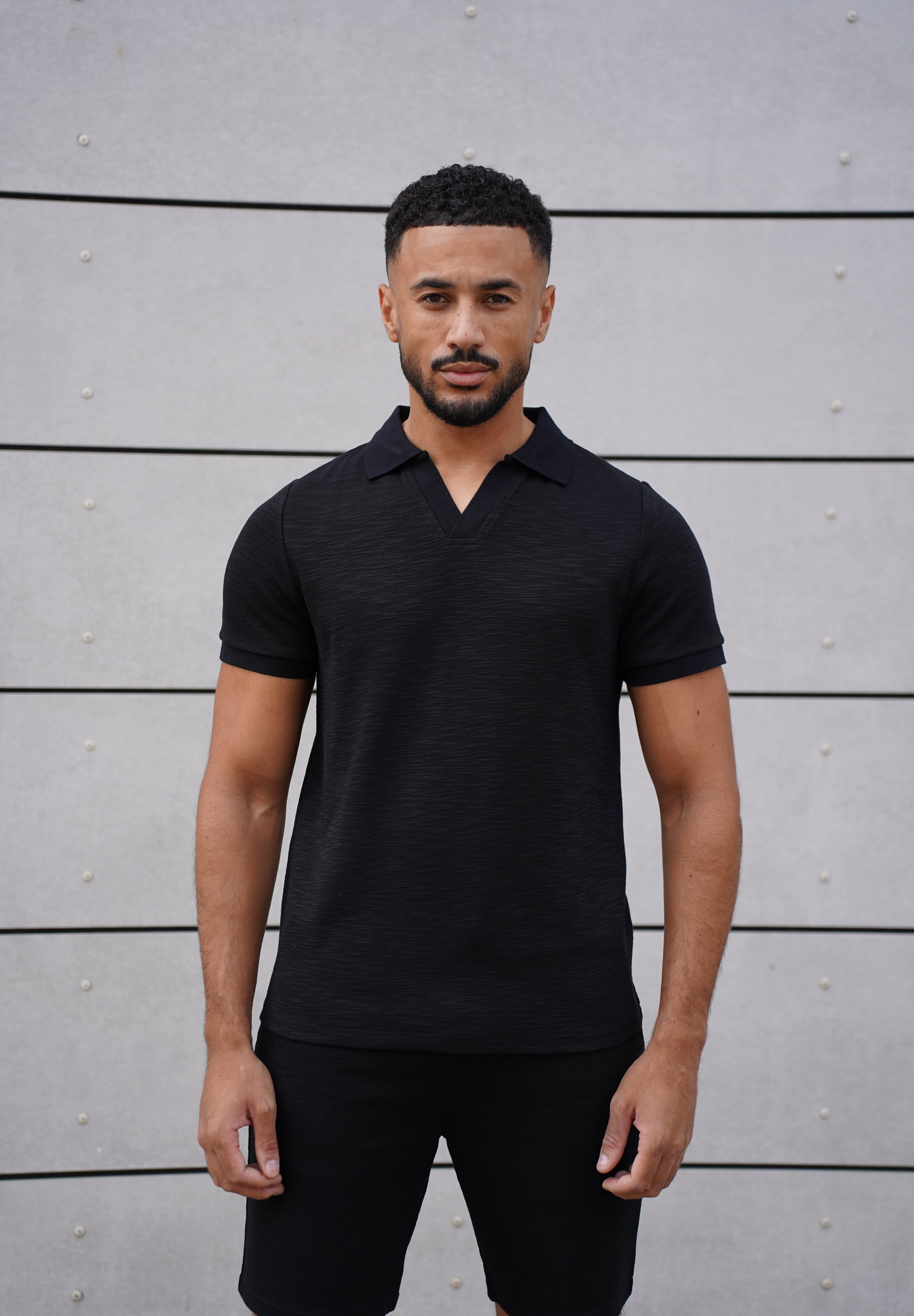Capo Jersey Slub Cuban Polo Shirt - Black