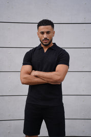 Capo Jersey Slub Cuban Polo Shirt - Black