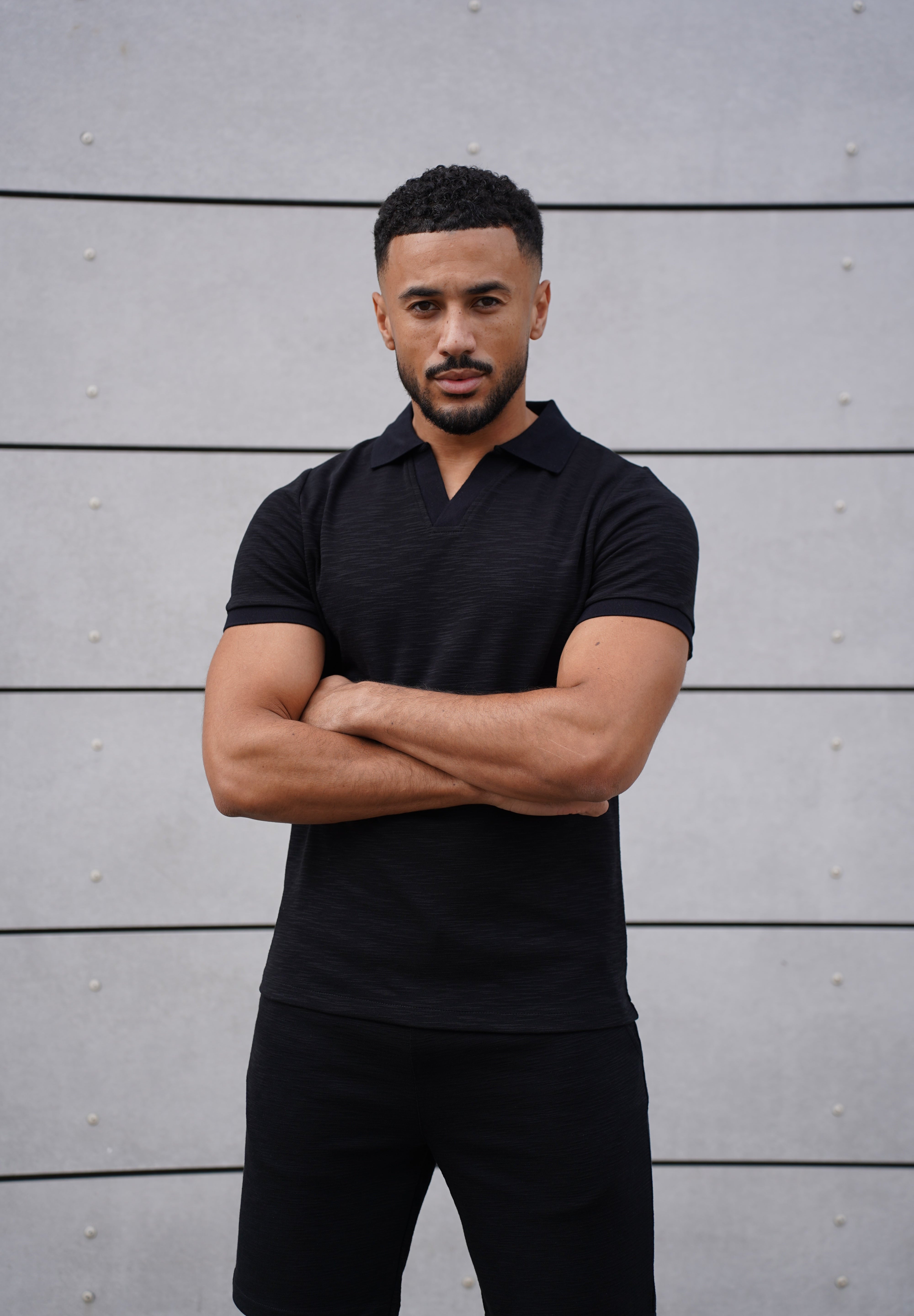 Capo Jersey Slub Cuban Polo Shirt - Black