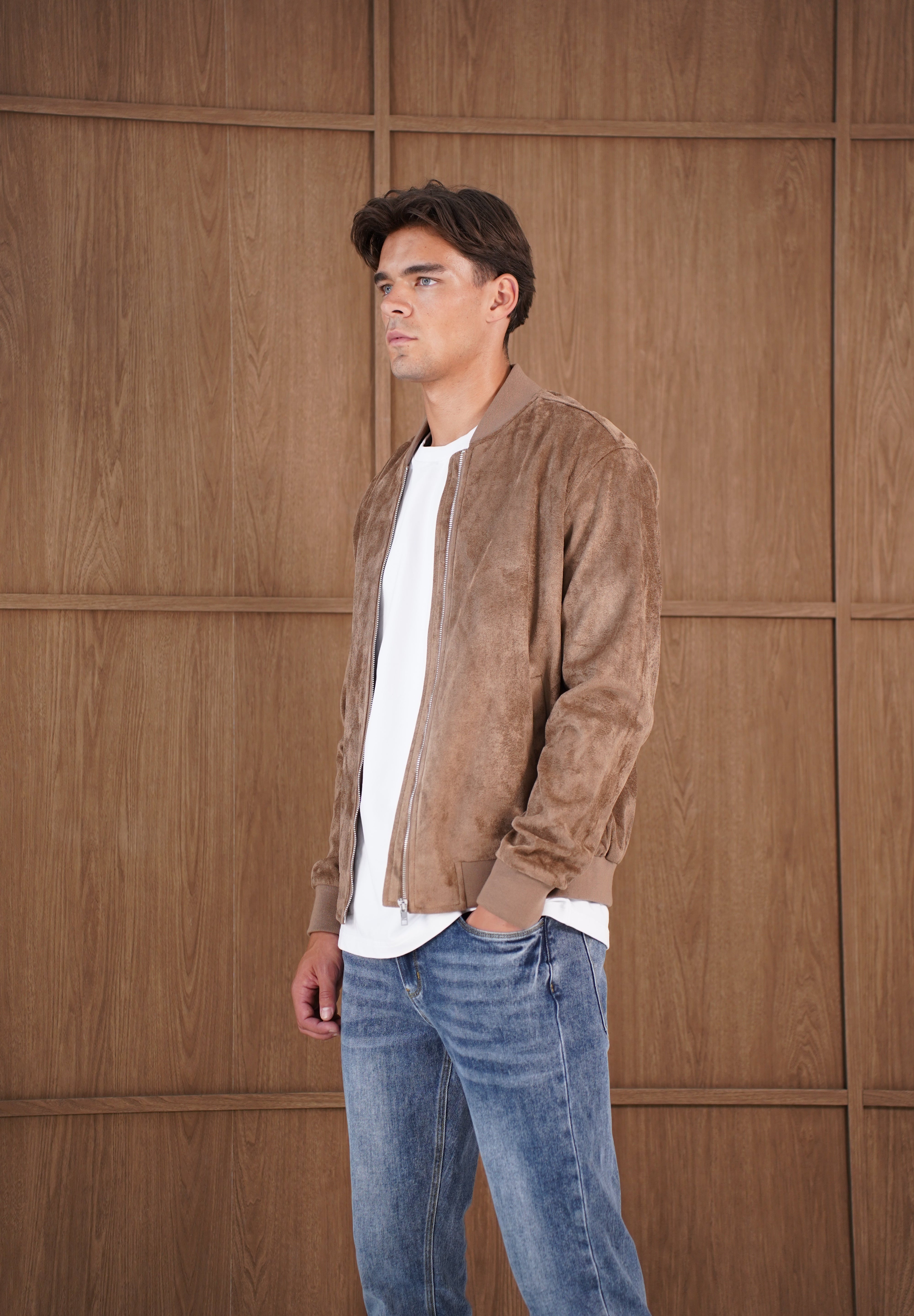 Capo Faux Suede Bomber Jacket - Brown