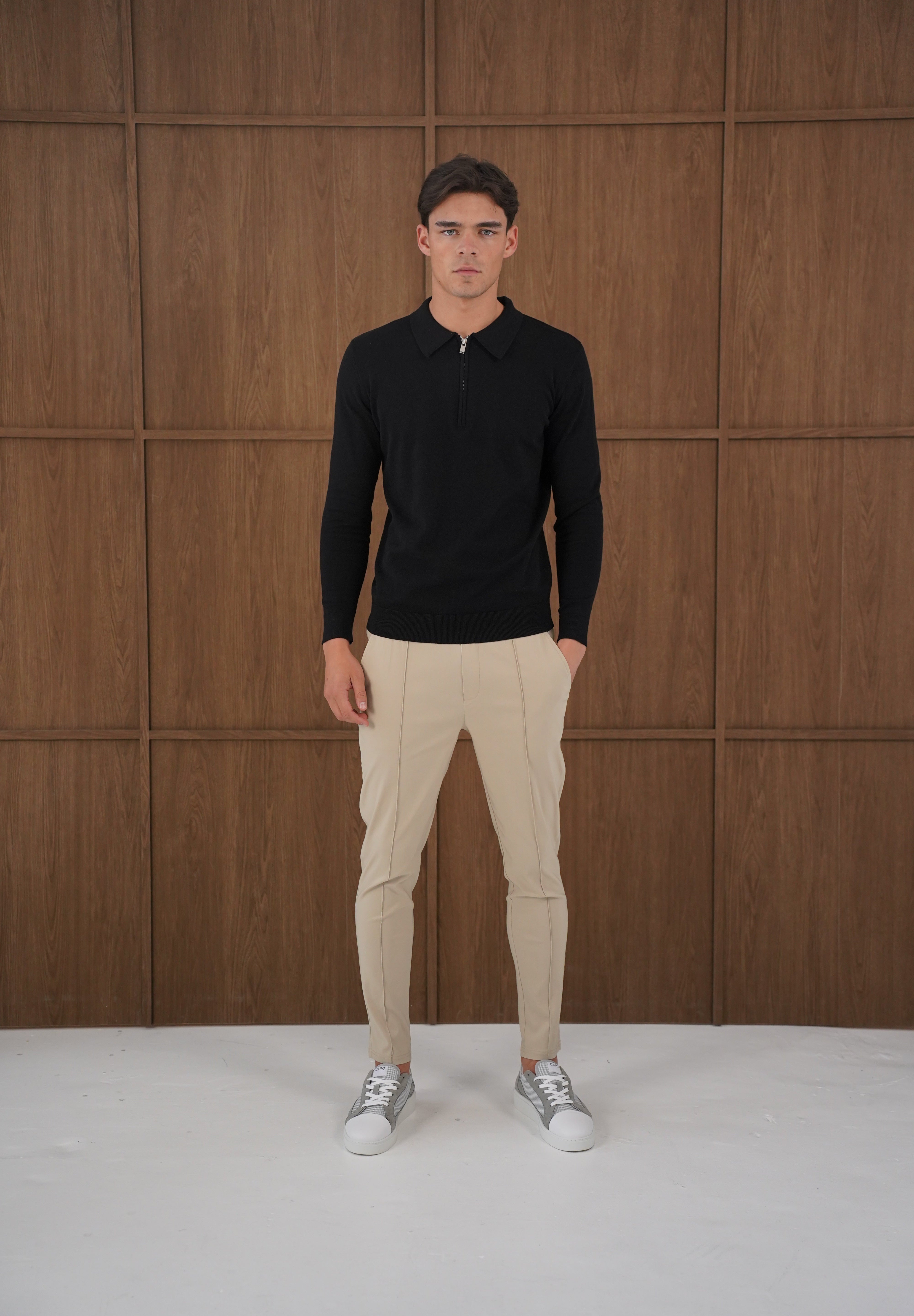 Capo Egyptian Cotton LS Zip Polo Shirt - Black