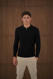 Capo Egyptian Cotton LS Zip Polo Shirt - Black