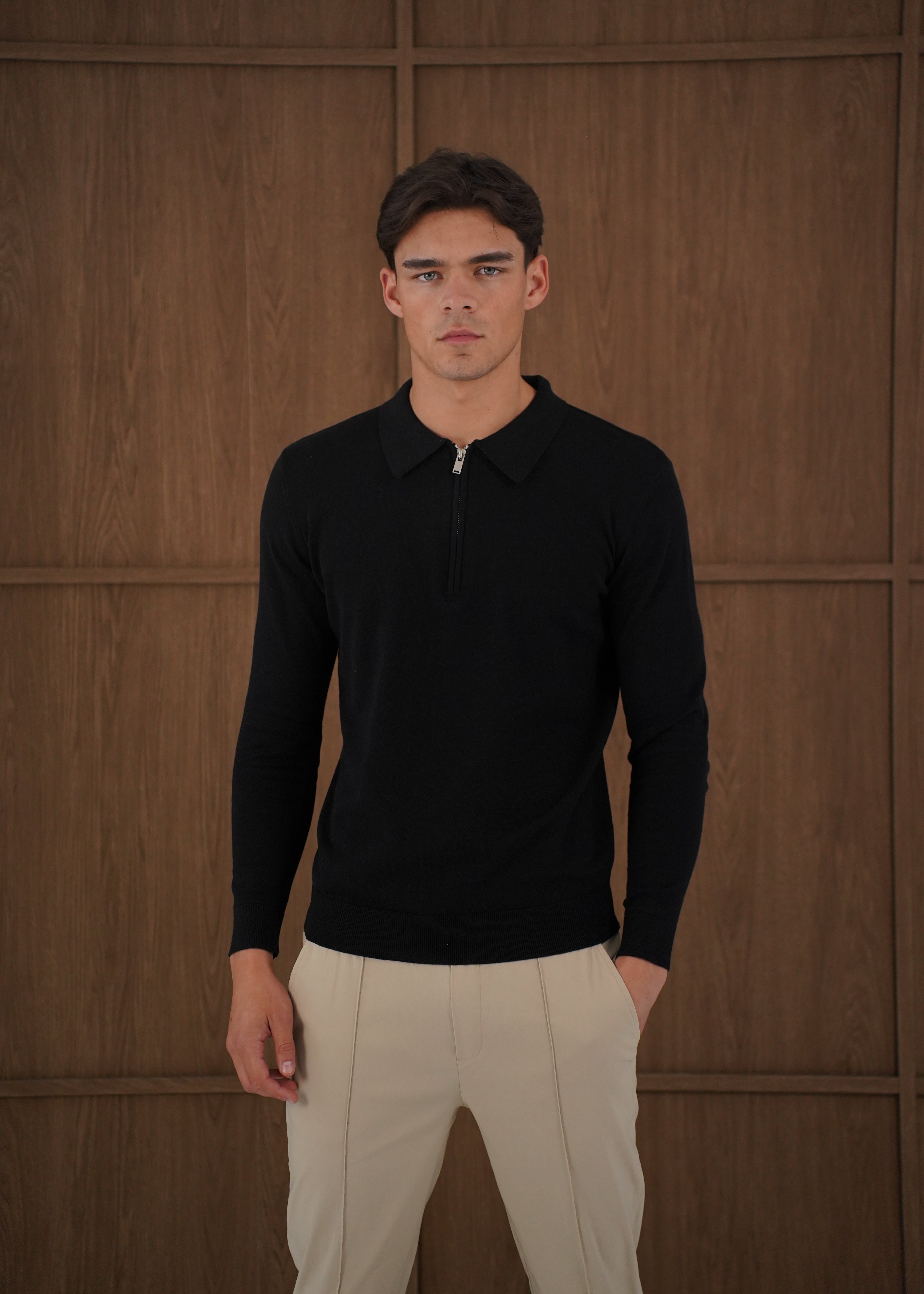 Capo Egyptian Cotton LS Zip Polo Shirt - Black