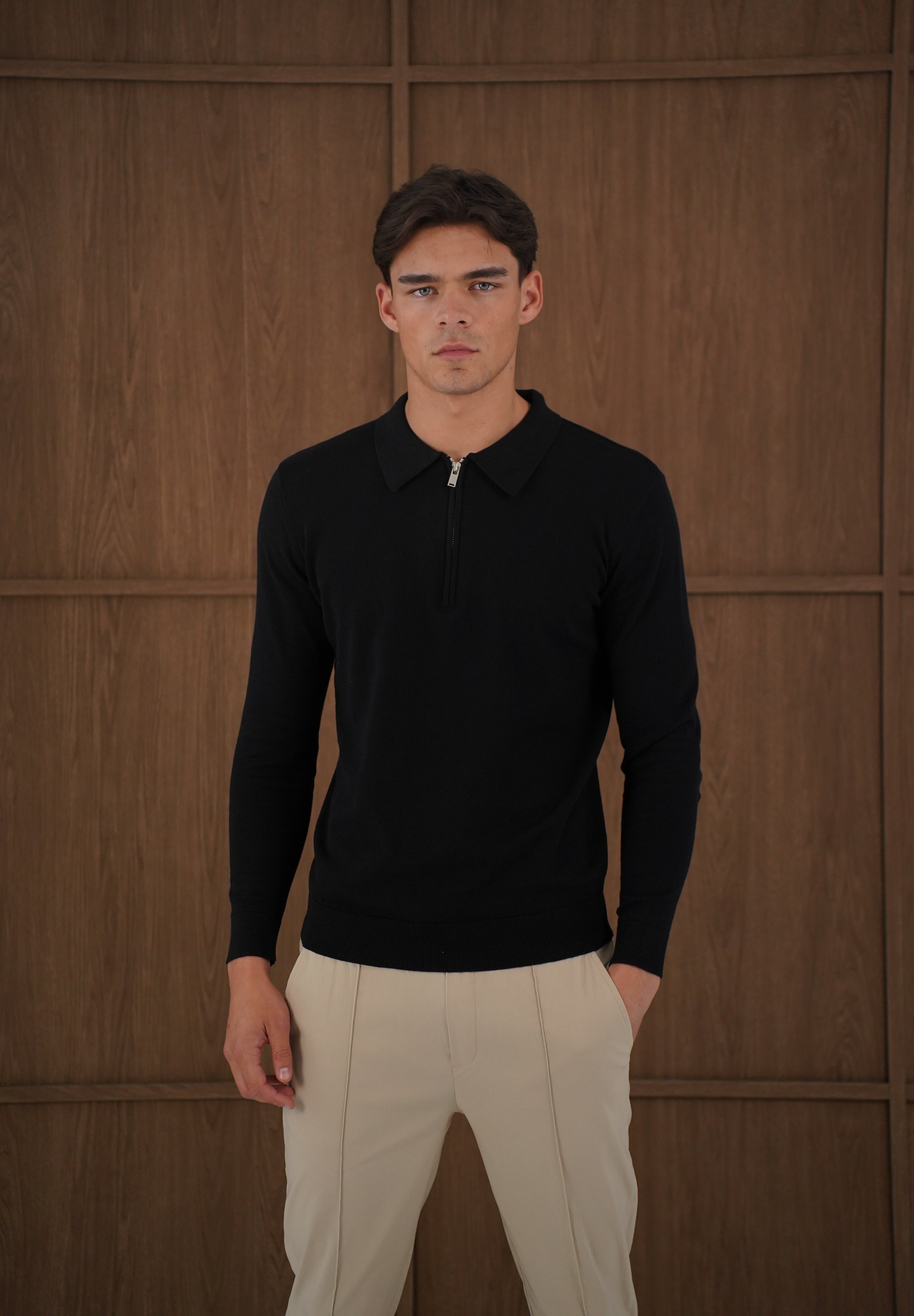 Capo Egyptian Cotton LS Zip Polo Shirt - Black