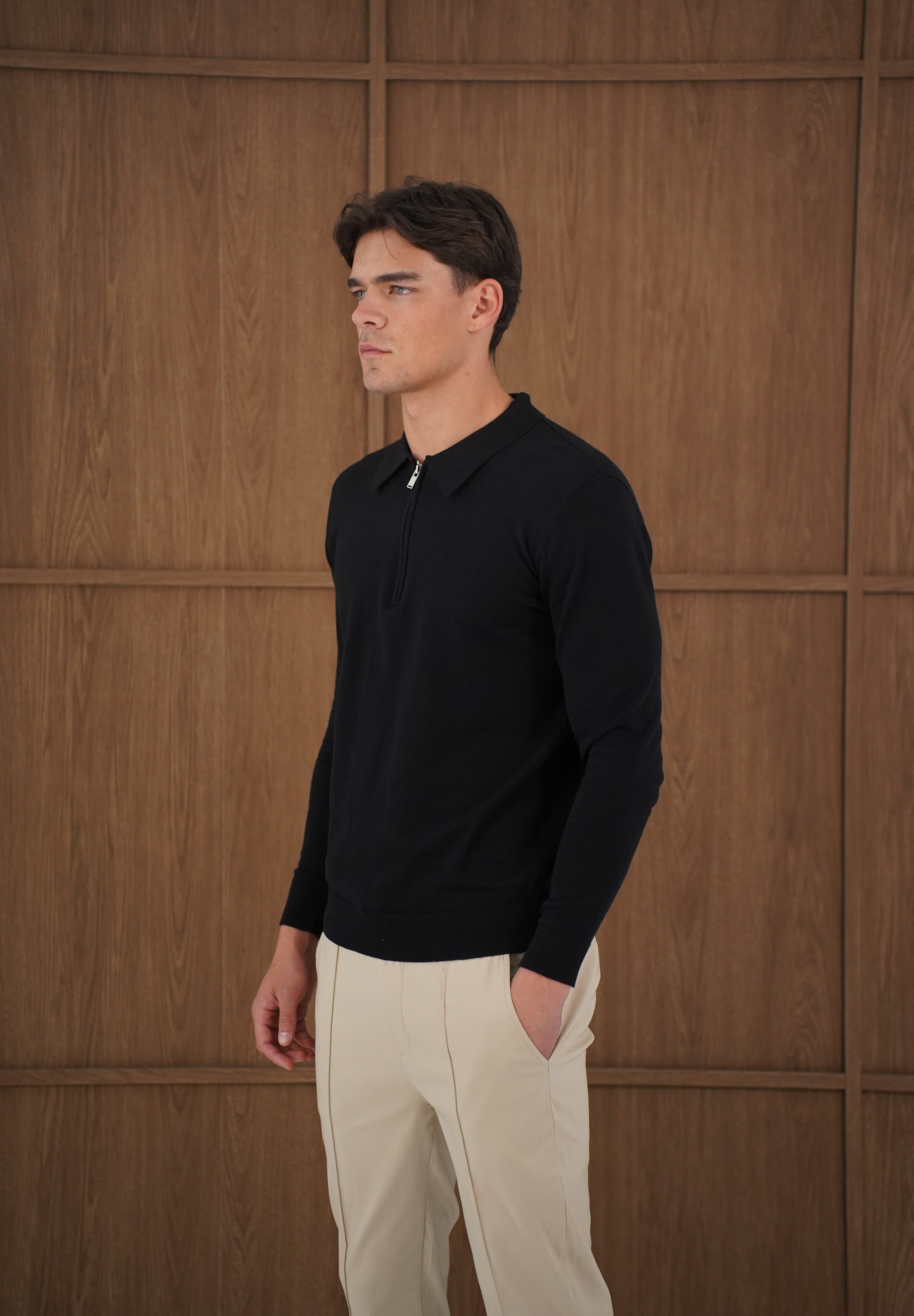 Capo Egyptian Cotton LS Zip Polo Shirt - Black