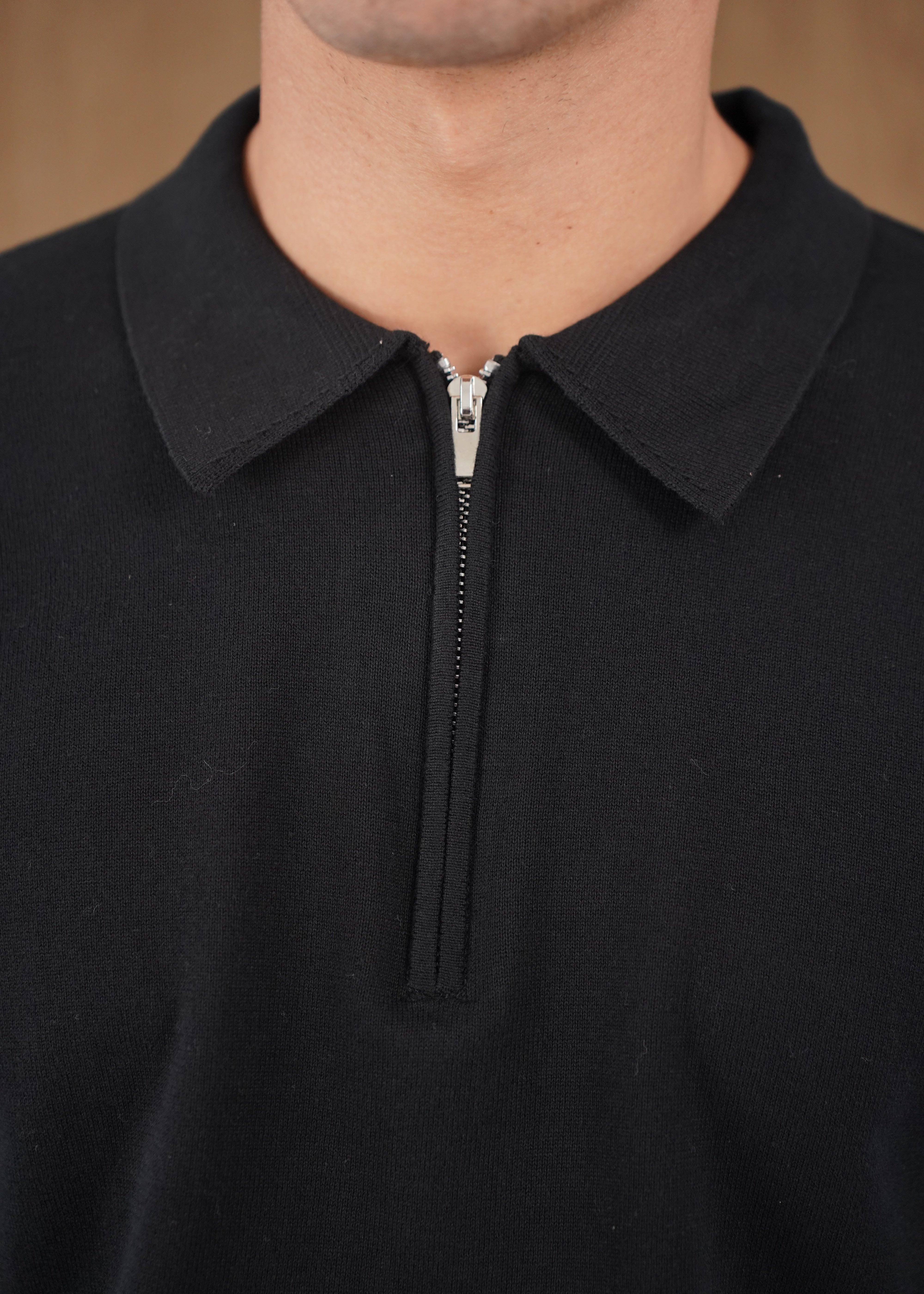 Capo Egyptian Cotton LS Zip Polo Shirt - Black