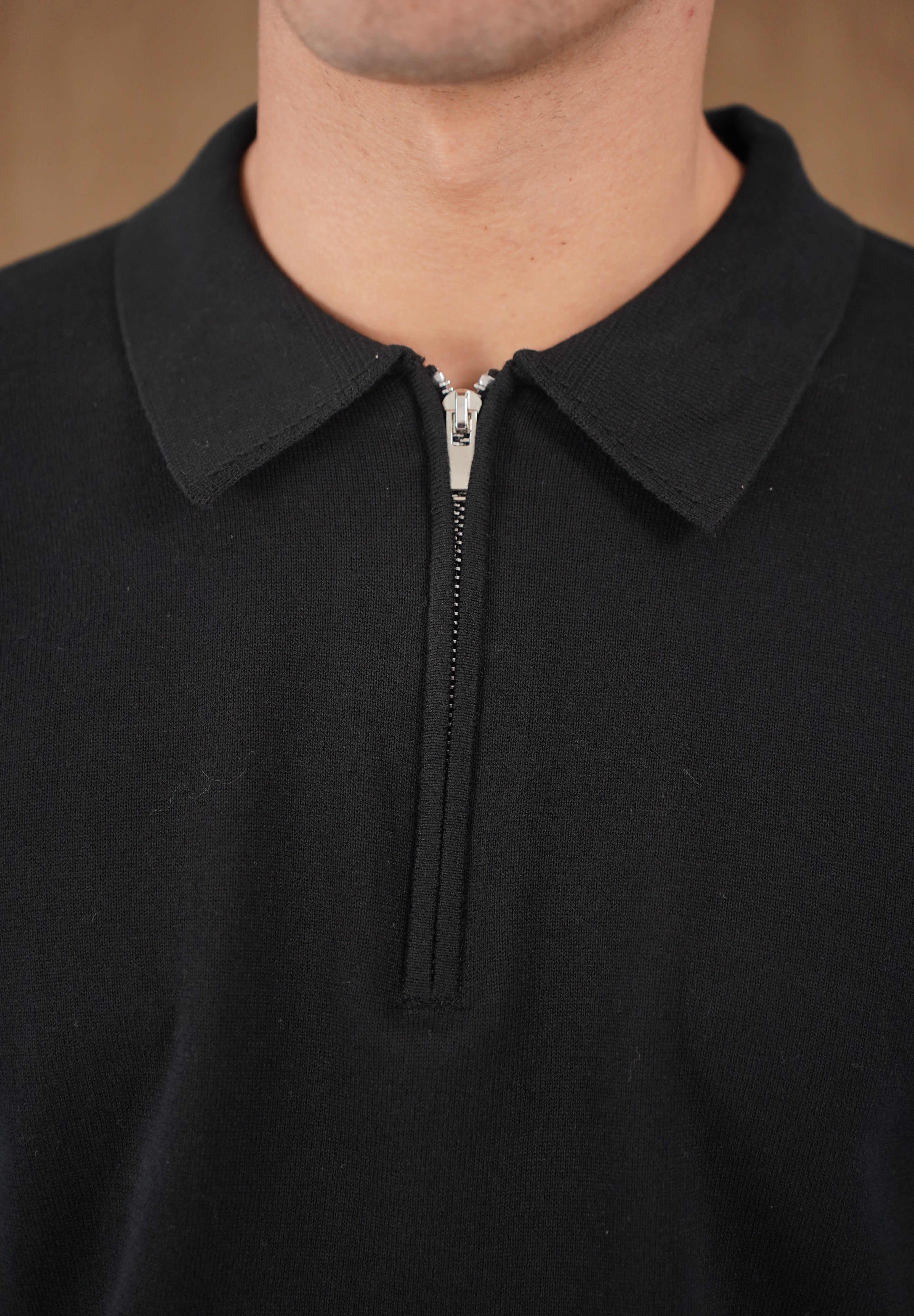 Capo Egyptian Cotton LS Zip Polo Shirt - Black