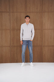 Capo Finn Woven Panel Knit LS Polo Shirt - Grey