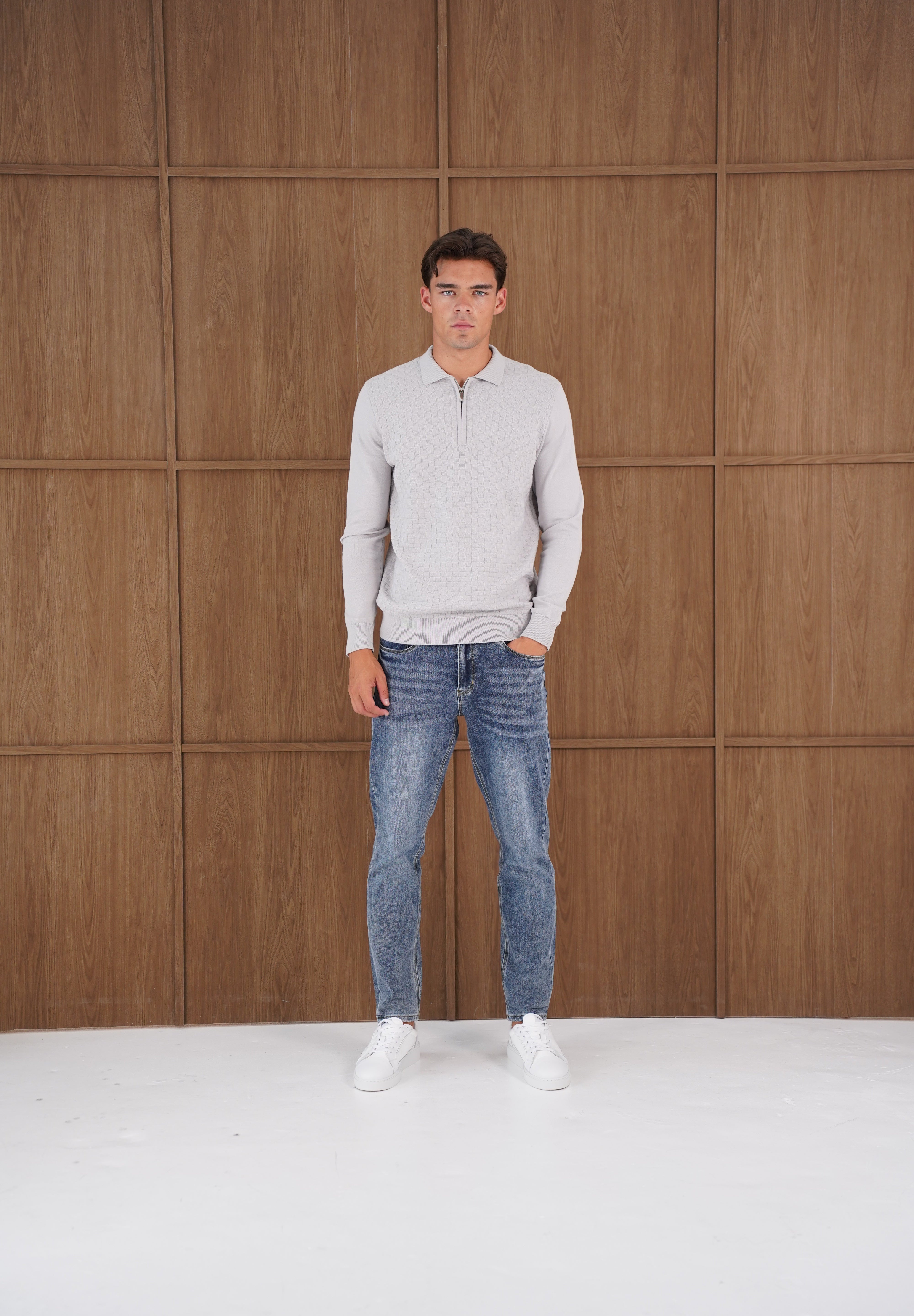 Capo Finn Woven Panel Knit LS Polo Shirt - Grey