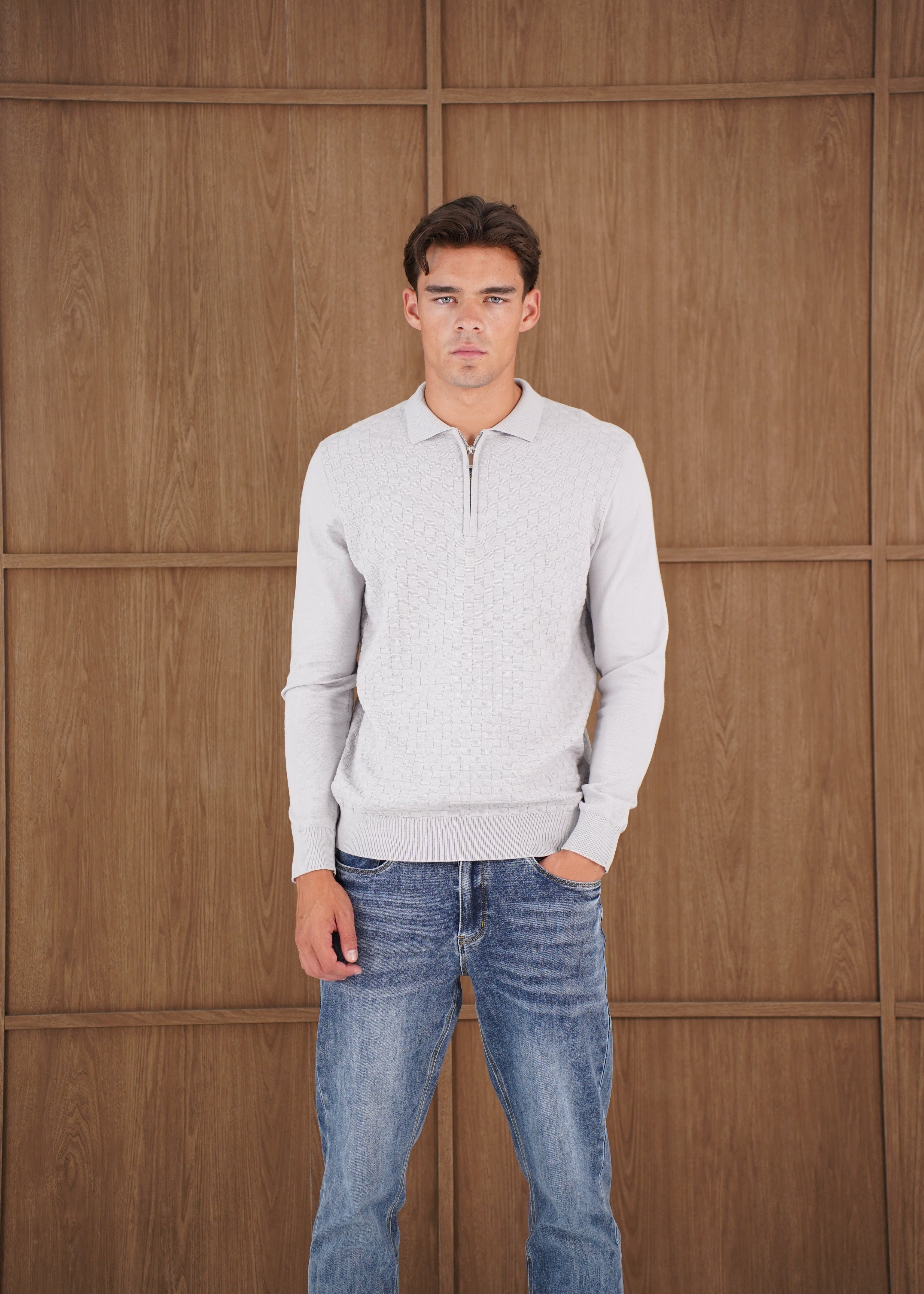Capo Finn Woven Panel Knit LS Polo Shirt - Grey