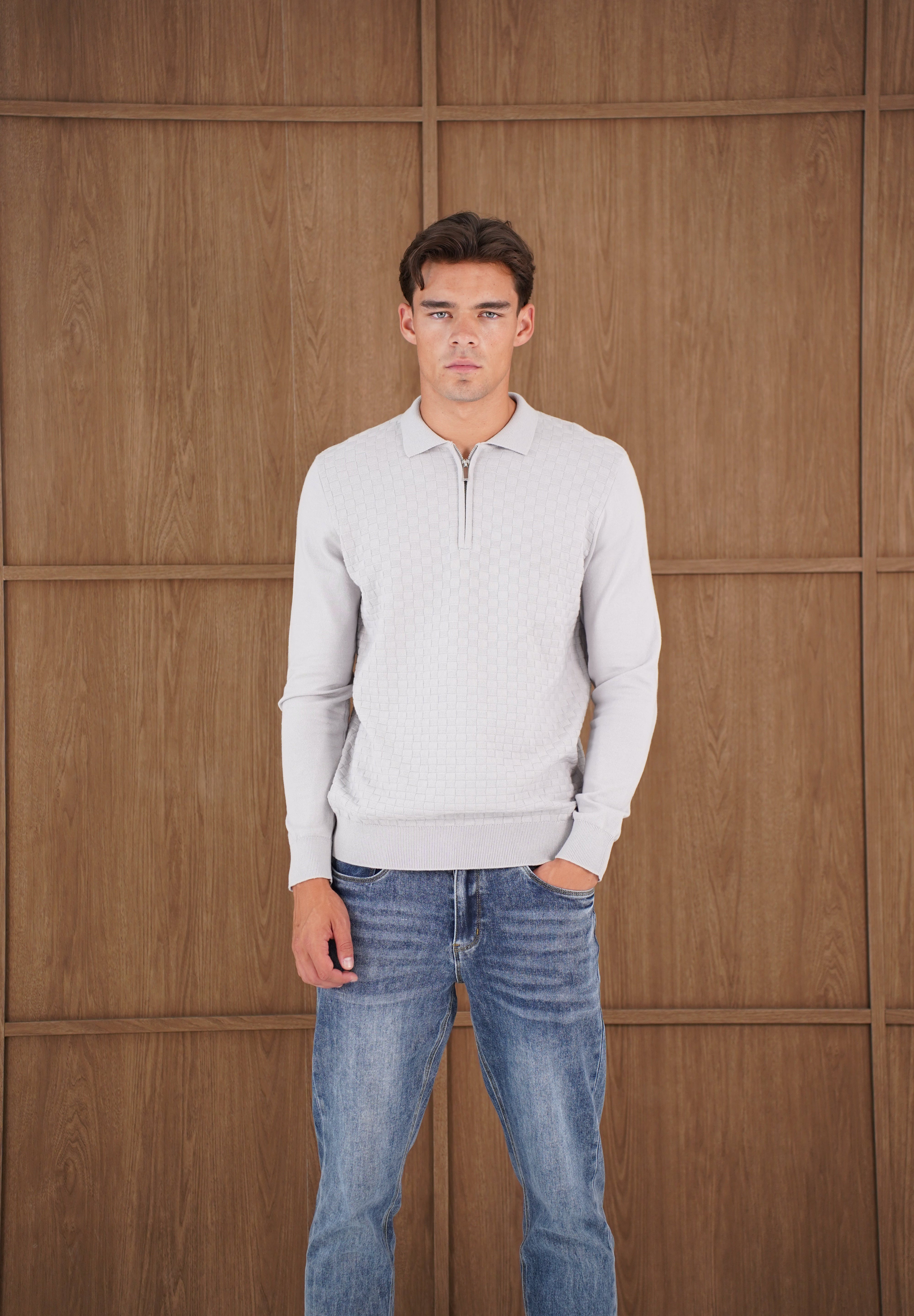 Capo Finn Woven Panel Knit LS Polo Shirt - Grey