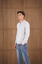 Capo Finn Woven Panel Knit LS Polo Shirt - Grey