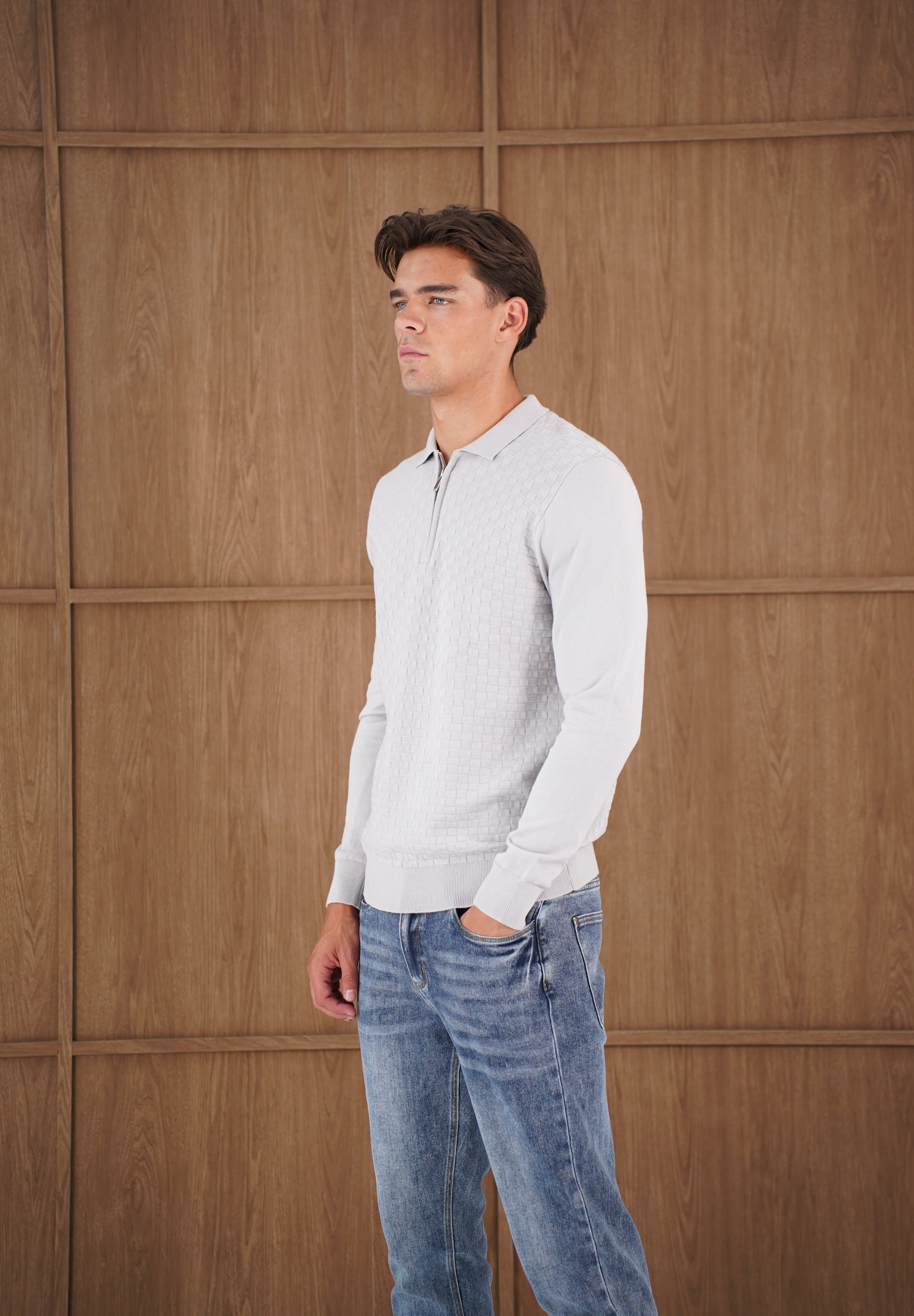 Capo Finn Woven Panel Knit LS Polo Shirt - Grey
