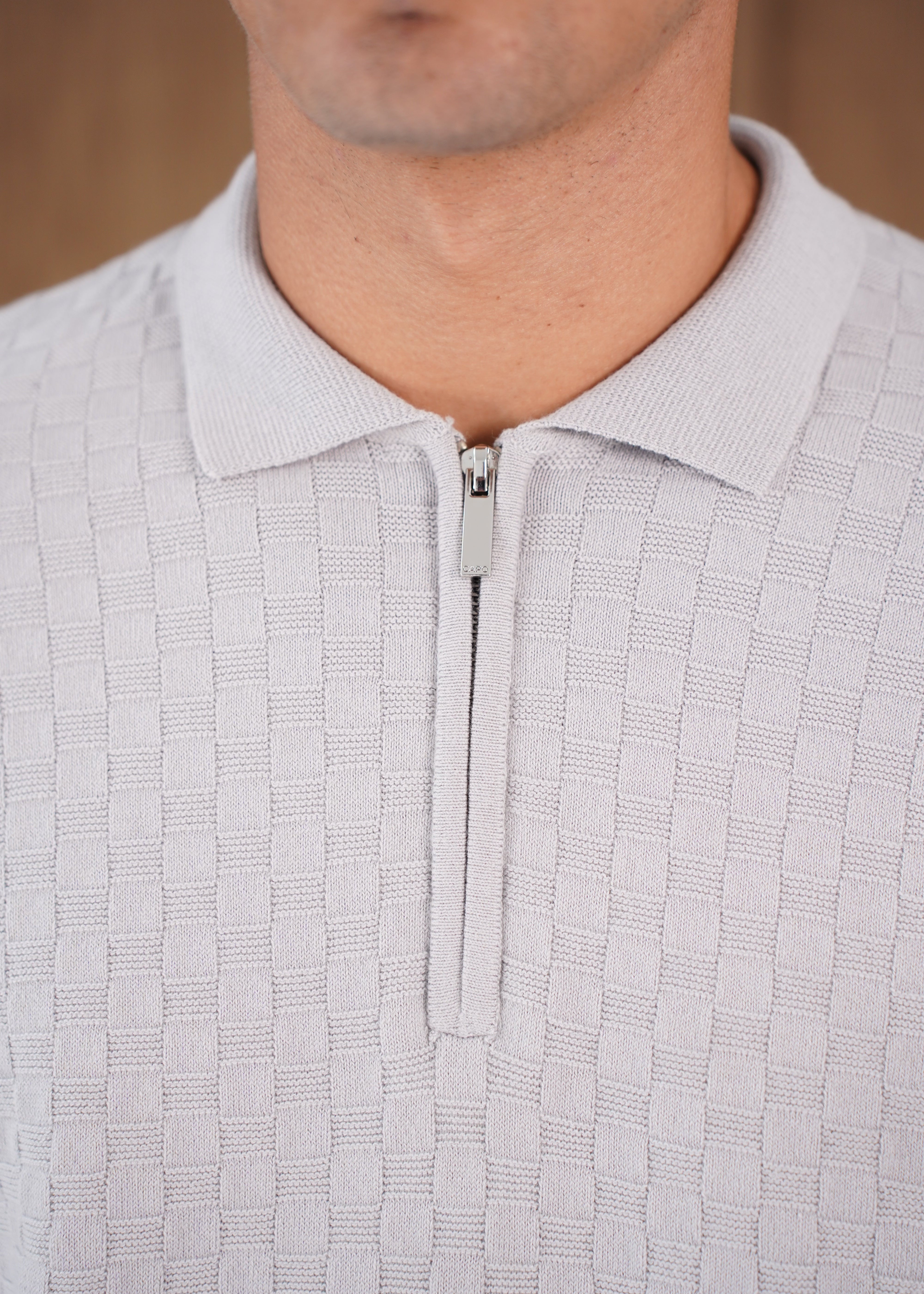 Capo Finn Woven Panel Knit LS Polo Shirt - Grey