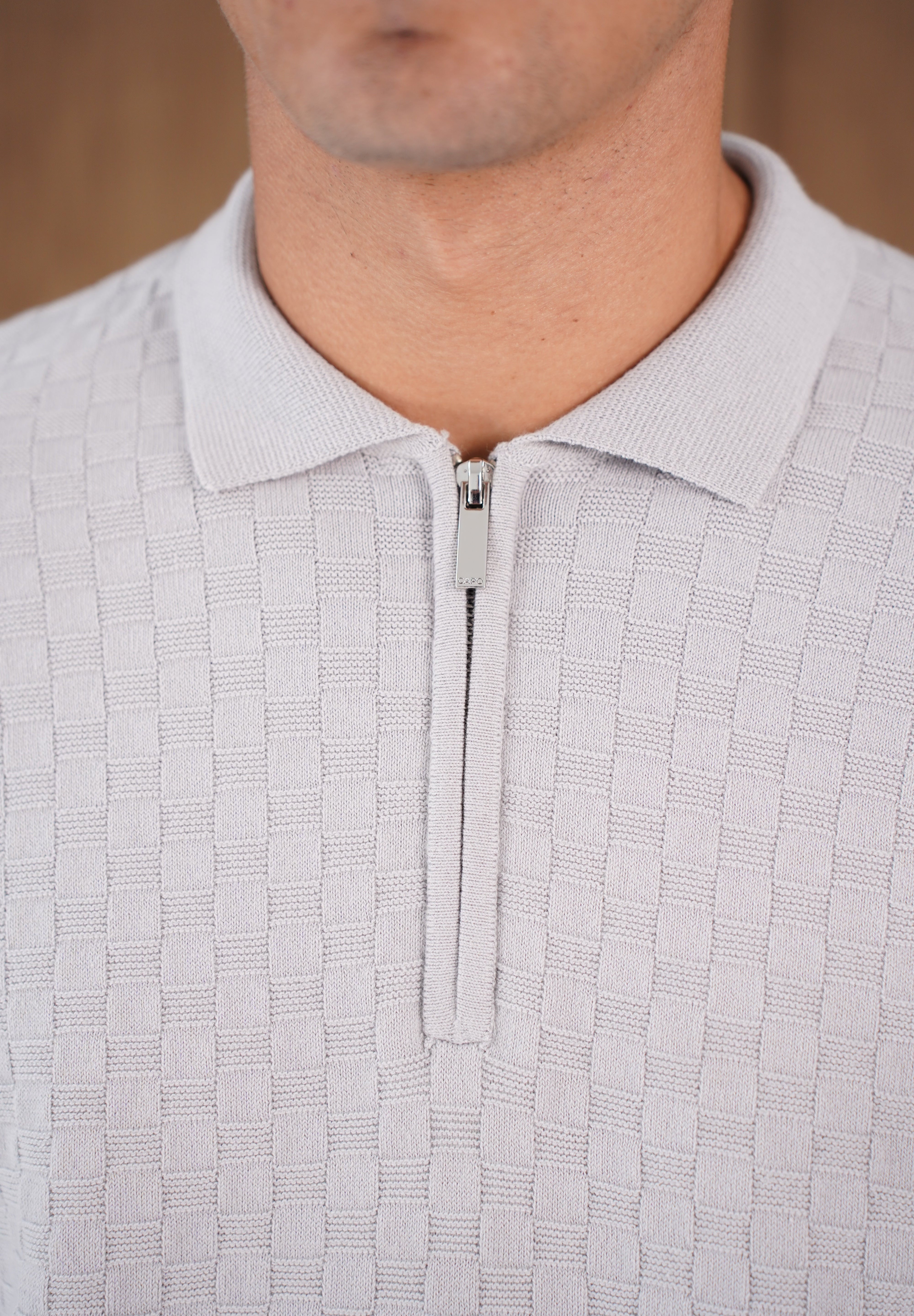 Capo Finn Woven Panel Knit LS Polo Shirt - Grey