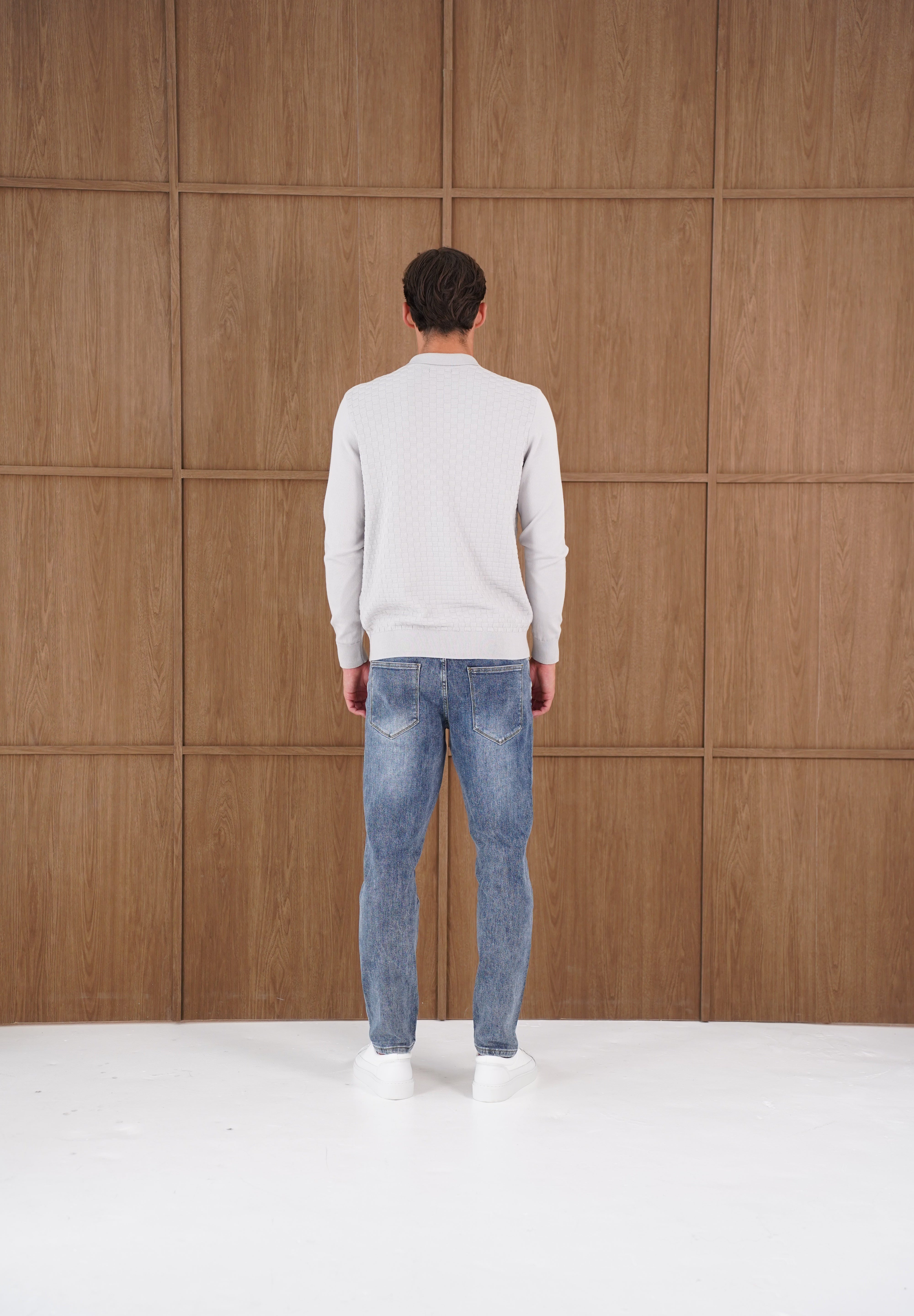 Capo Finn Woven Panel Knit LS Polo Shirt - Grey