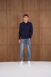 Capo Finn Woven Panel Knit LS Polo Shirt - Navy