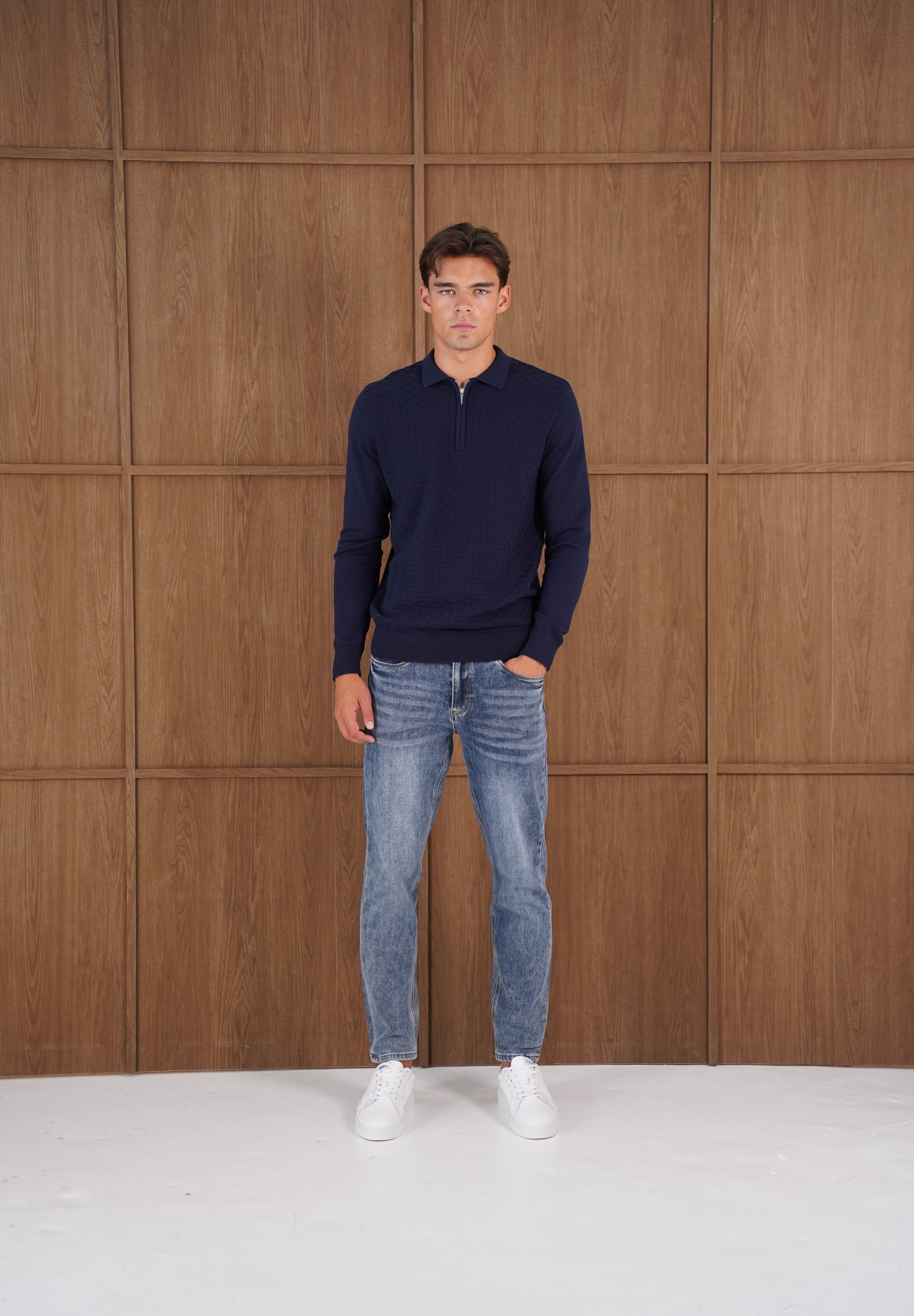 Capo Finn Woven Panel Knit LS Polo Shirt - Navy