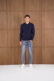 Capo Finn Woven Panel Knit LS Polo Shirt - Navy