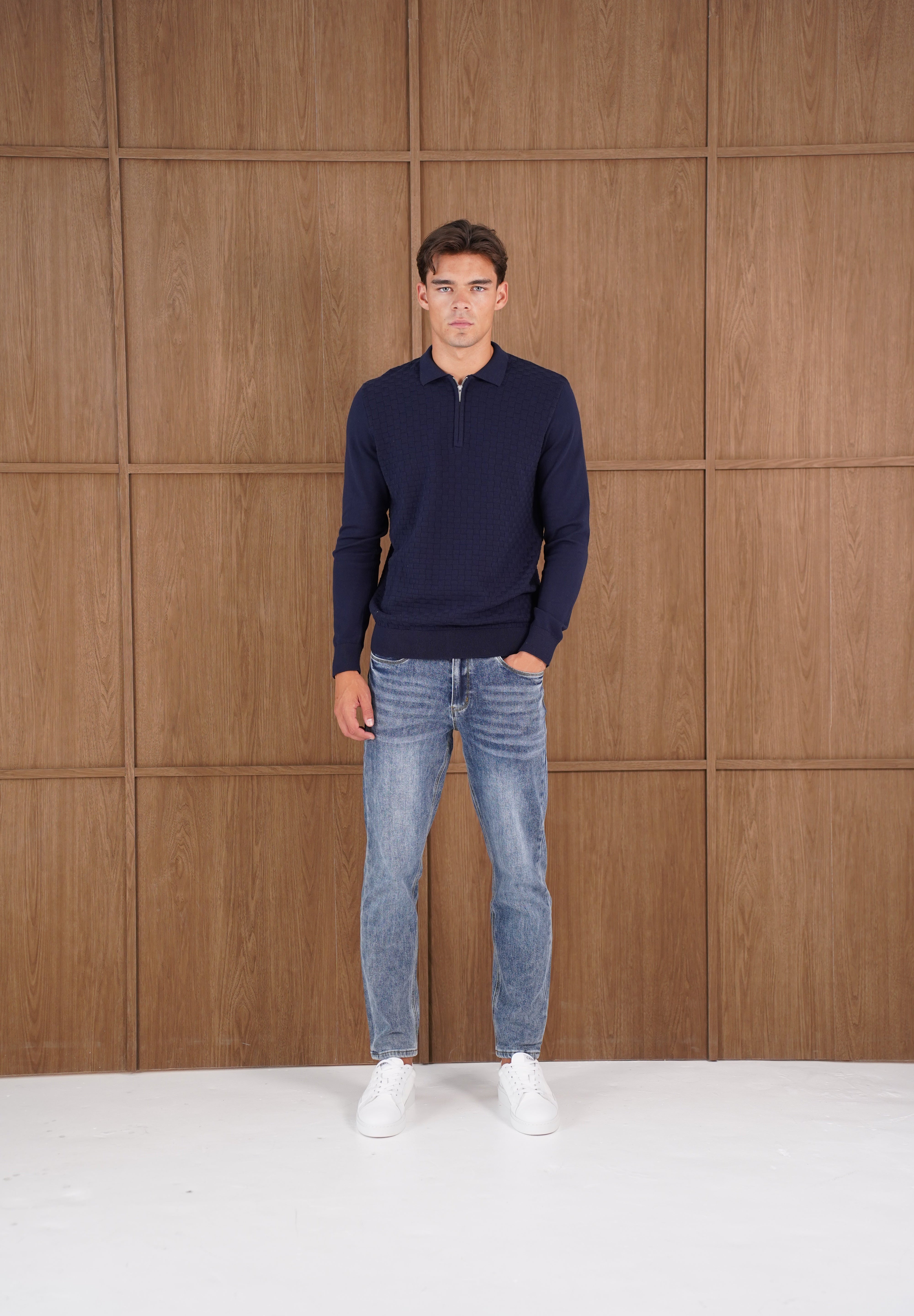 Capo Finn Woven Panel Knit LS Polo Shirt - Navy