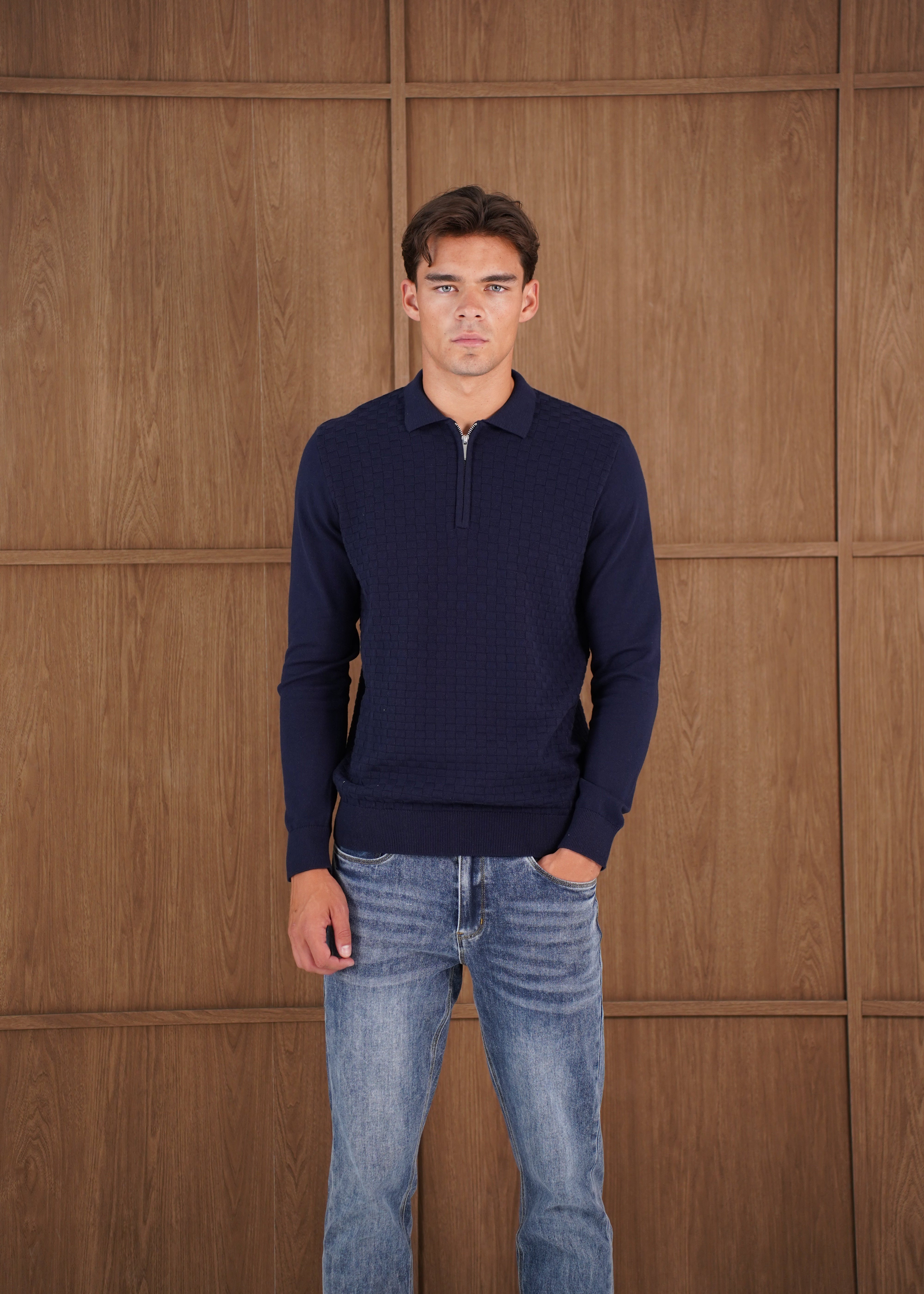 Capo Finn Woven Panel Knit LS Polo Shirt - Navy
