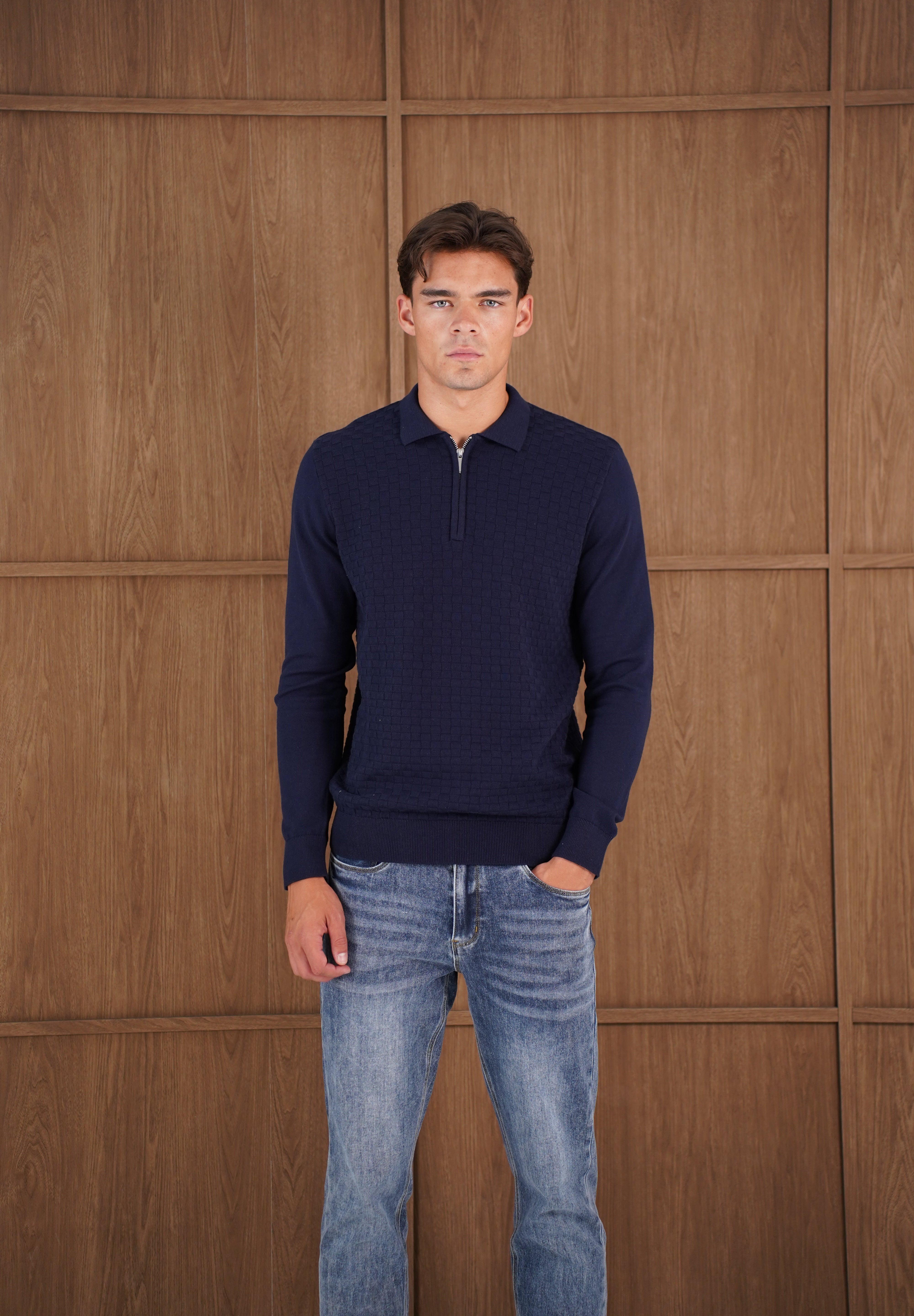 Capo Finn Woven Panel Knit LS Polo Shirt - Navy