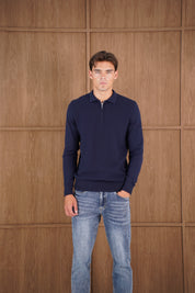 Capo Finn Woven Panel Knit LS Polo Shirt - Navy