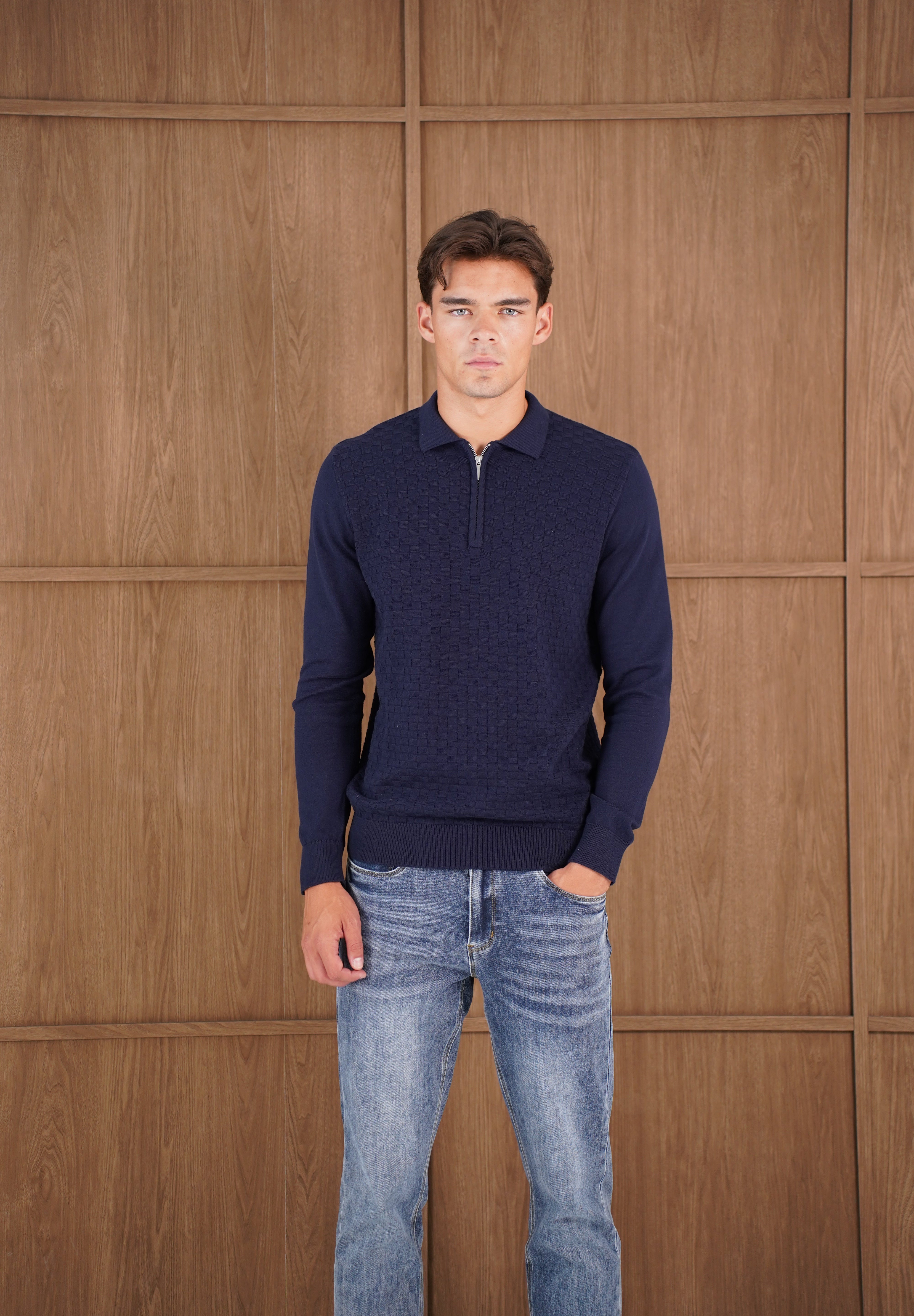 Capo Finn Woven Panel Knit LS Polo Shirt - Navy