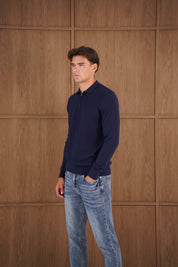 Capo Finn Woven Panel Knit LS Polo Shirt - Navy
