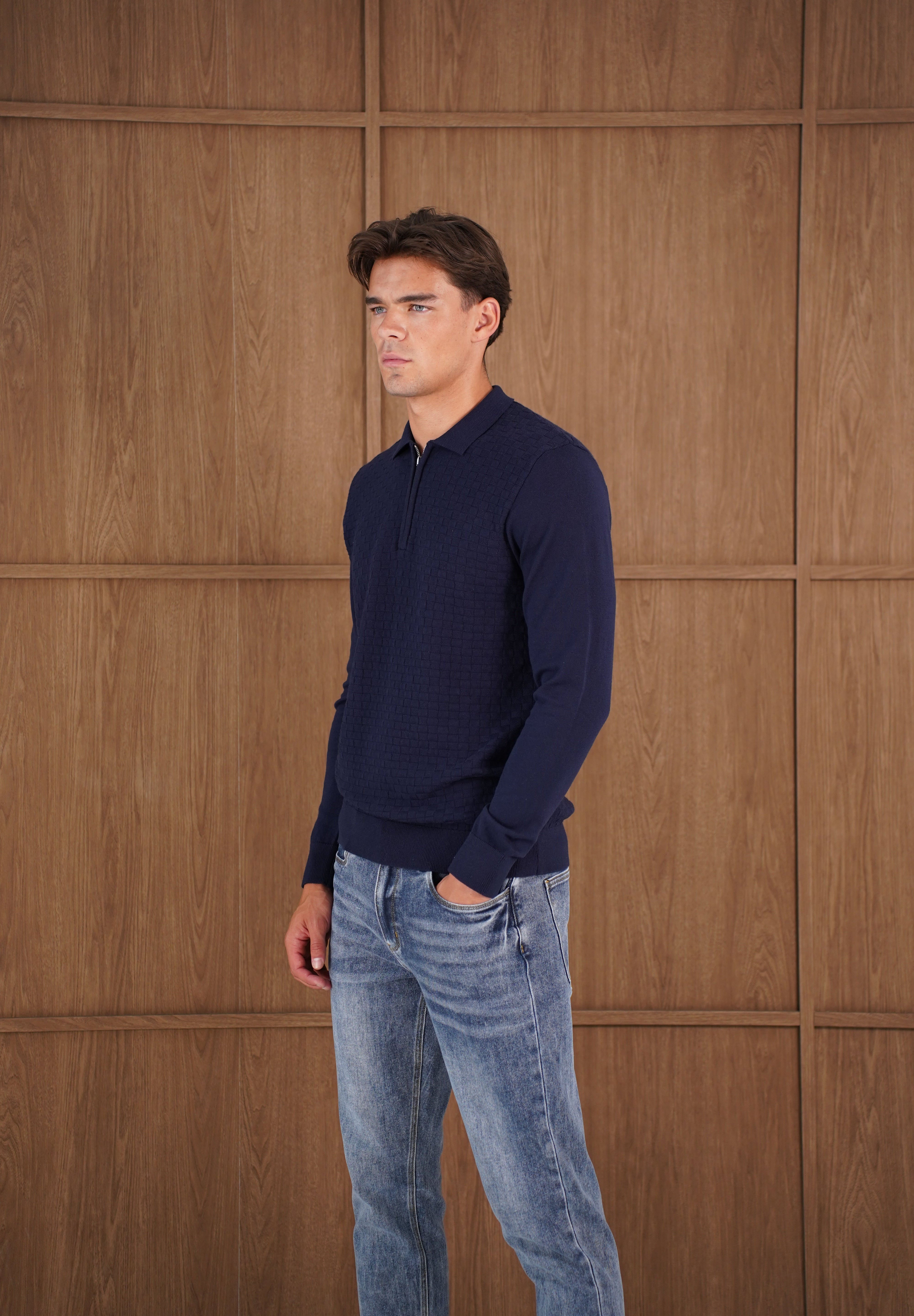 Capo Finn Woven Panel Knit LS Polo Shirt - Navy