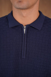 Capo Finn Woven Panel Knit LS Polo Shirt - Navy