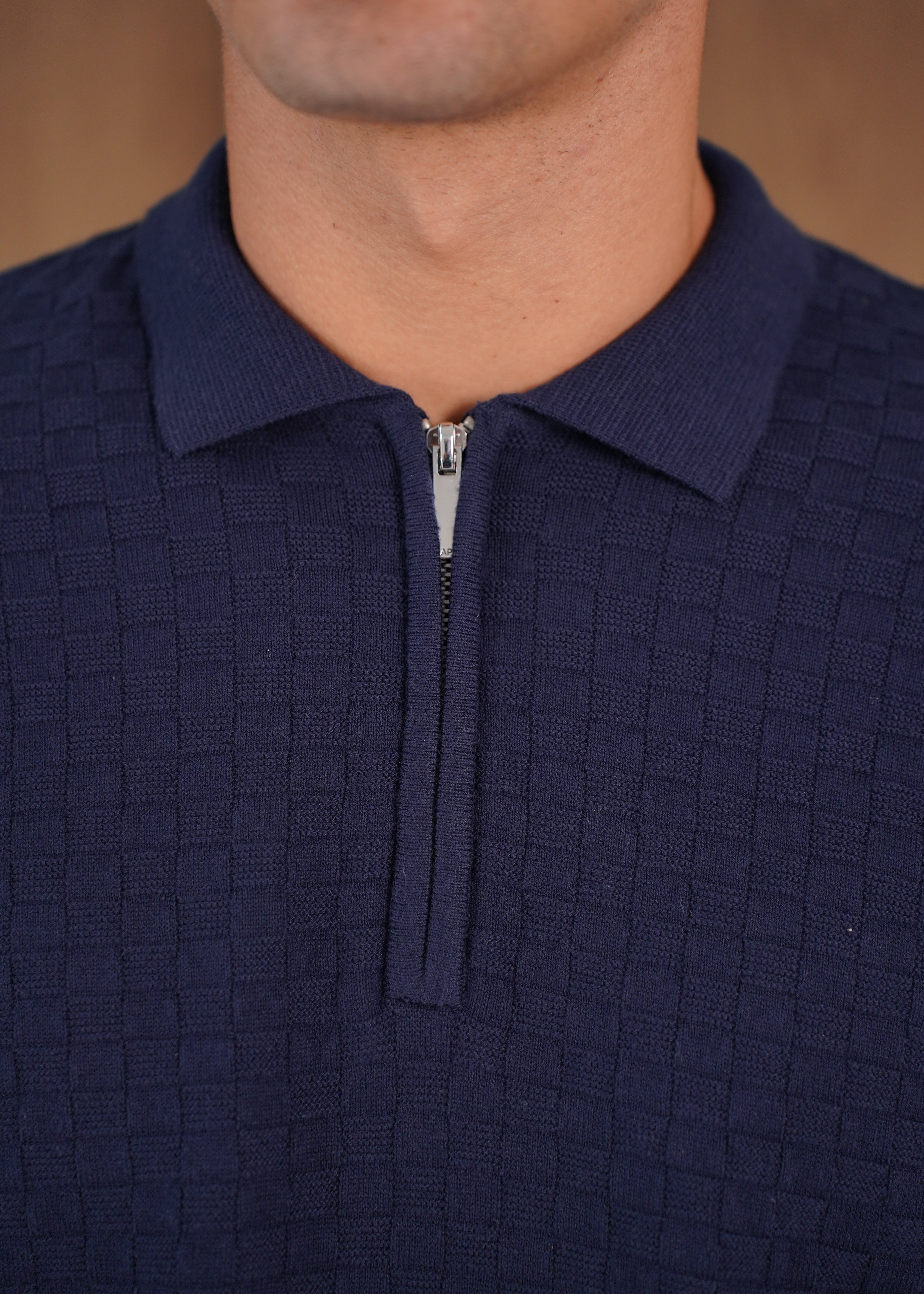 Capo Finn Woven Panel Knit LS Polo Shirt - Navy