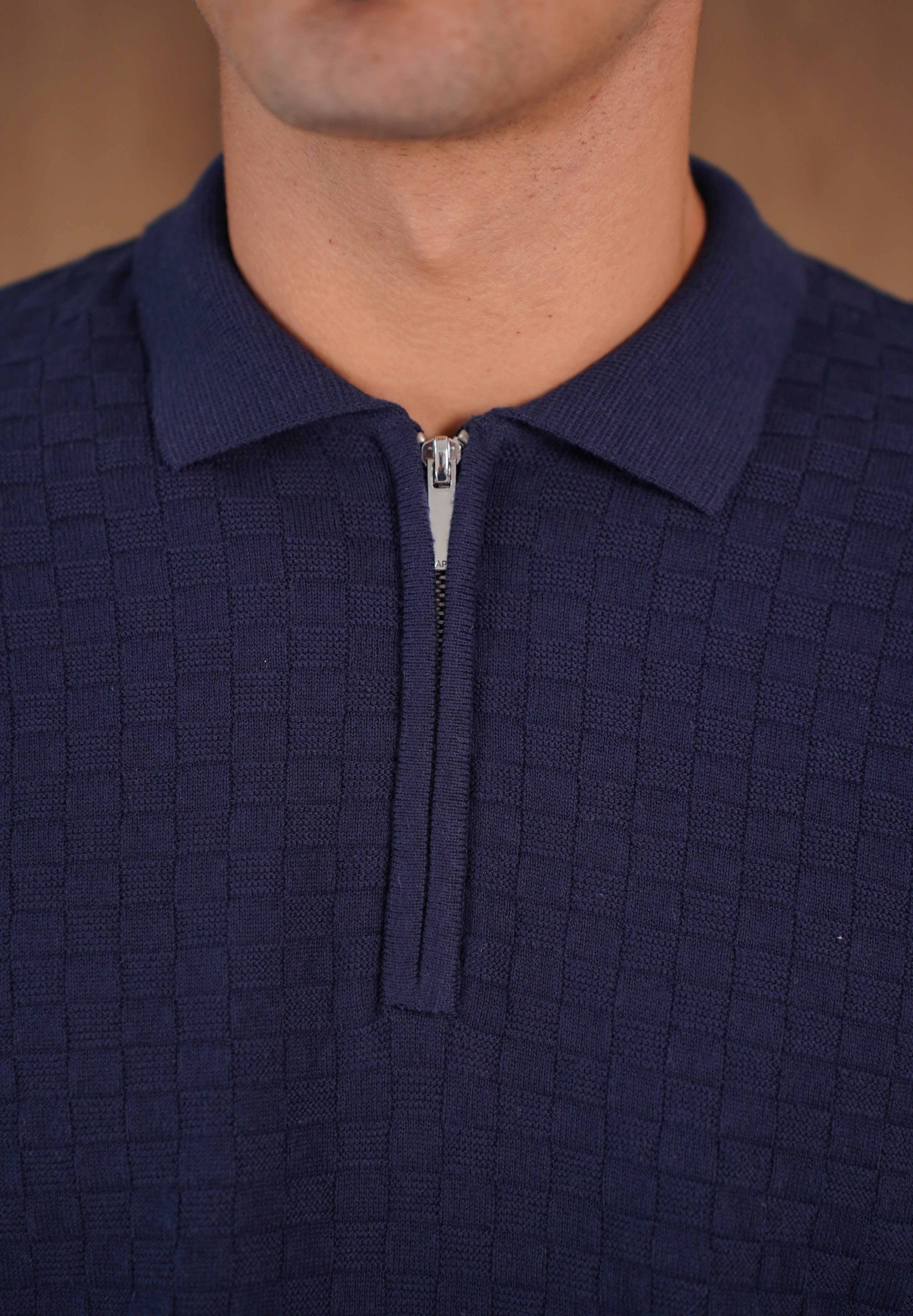 Capo Finn Woven Panel Knit LS Polo Shirt - Navy