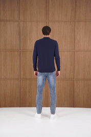 Capo Finn Woven Panel Knit LS Polo Shirt - Navy