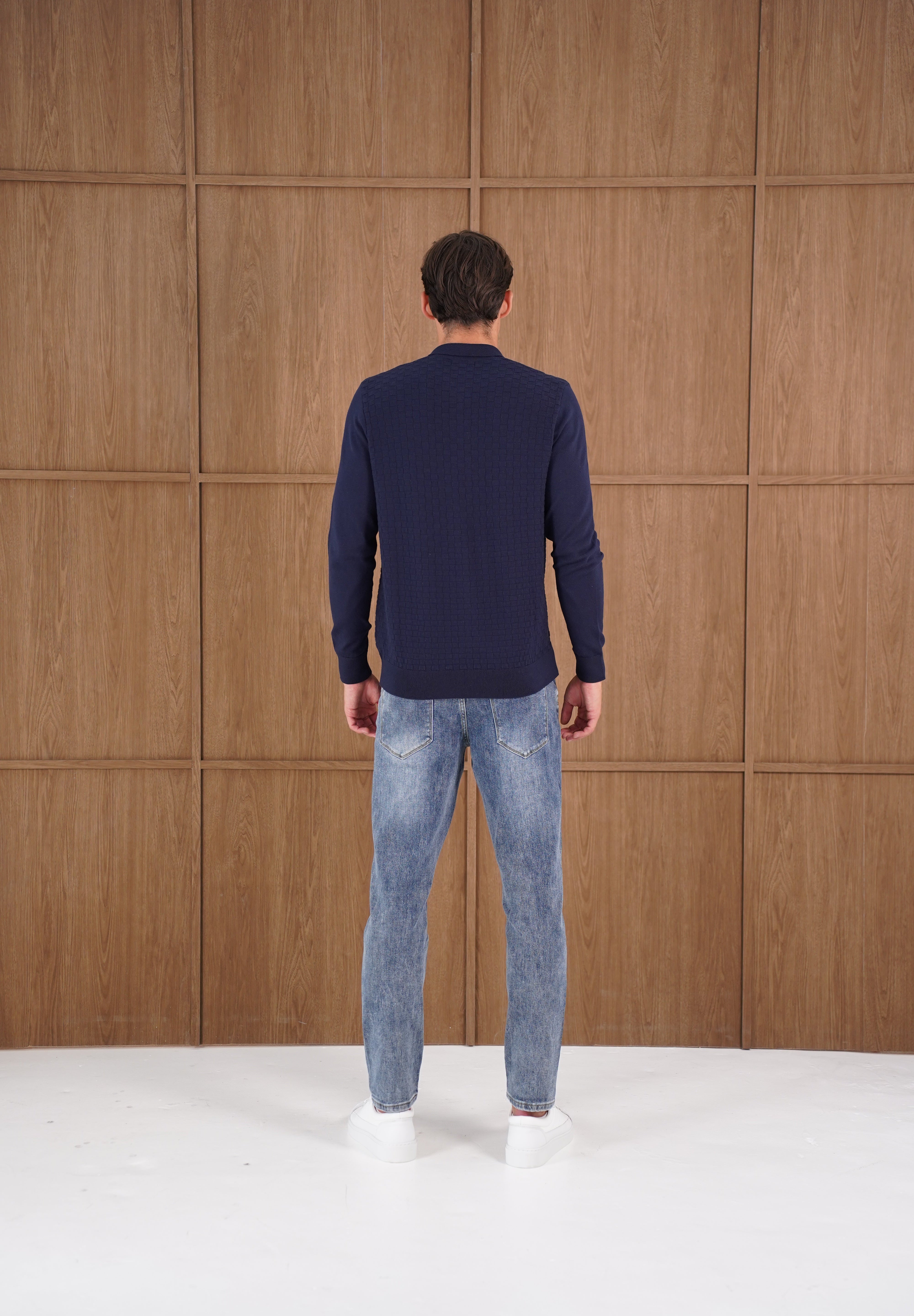 Capo Finn Woven Panel Knit LS Polo Shirt - Navy
