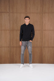 Capo Finn Woven Panel Knit LS Polo Shirt - Black